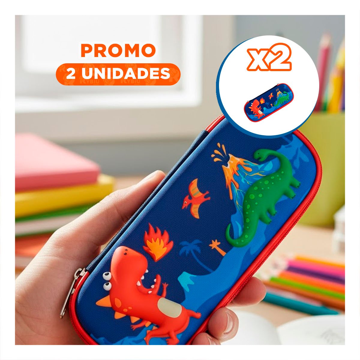 PACK2 BOLSO FUNCIONAL DINOS AZUL ALTO RELIEVE CON ESTILO ESCOLAR Y+REGALO STICKER - 1