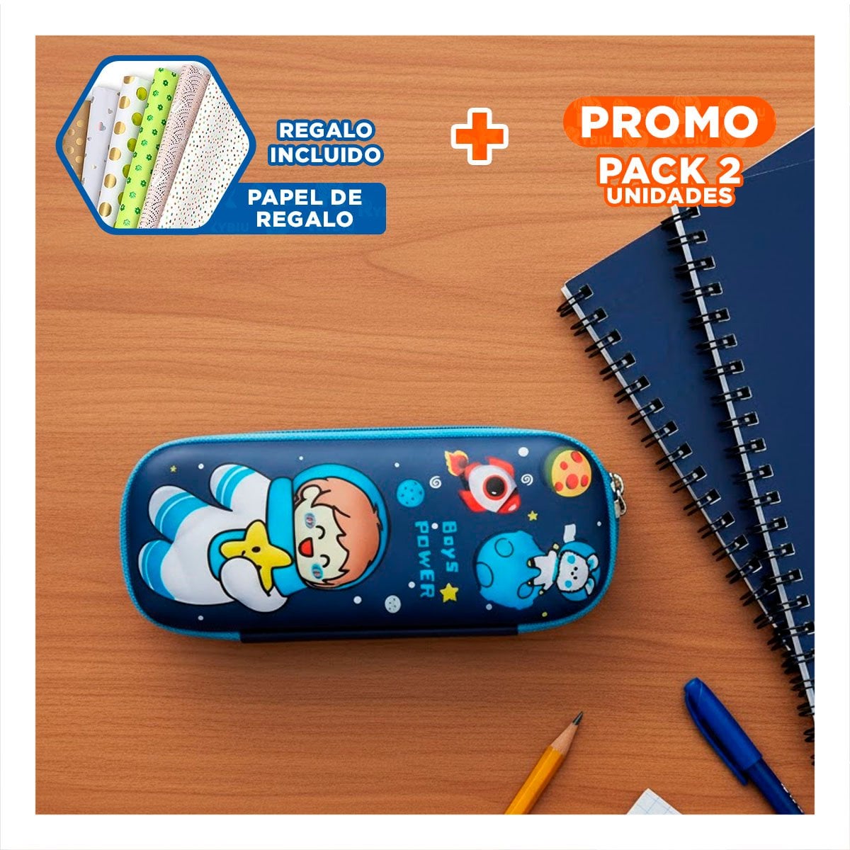 PACK2 BOLSO MODERNO ASTRONAUTA FELIZ AZUL ALTO RELIEVE CON ESPACIO AMPLIO Y+PAPEL REGALO - 1