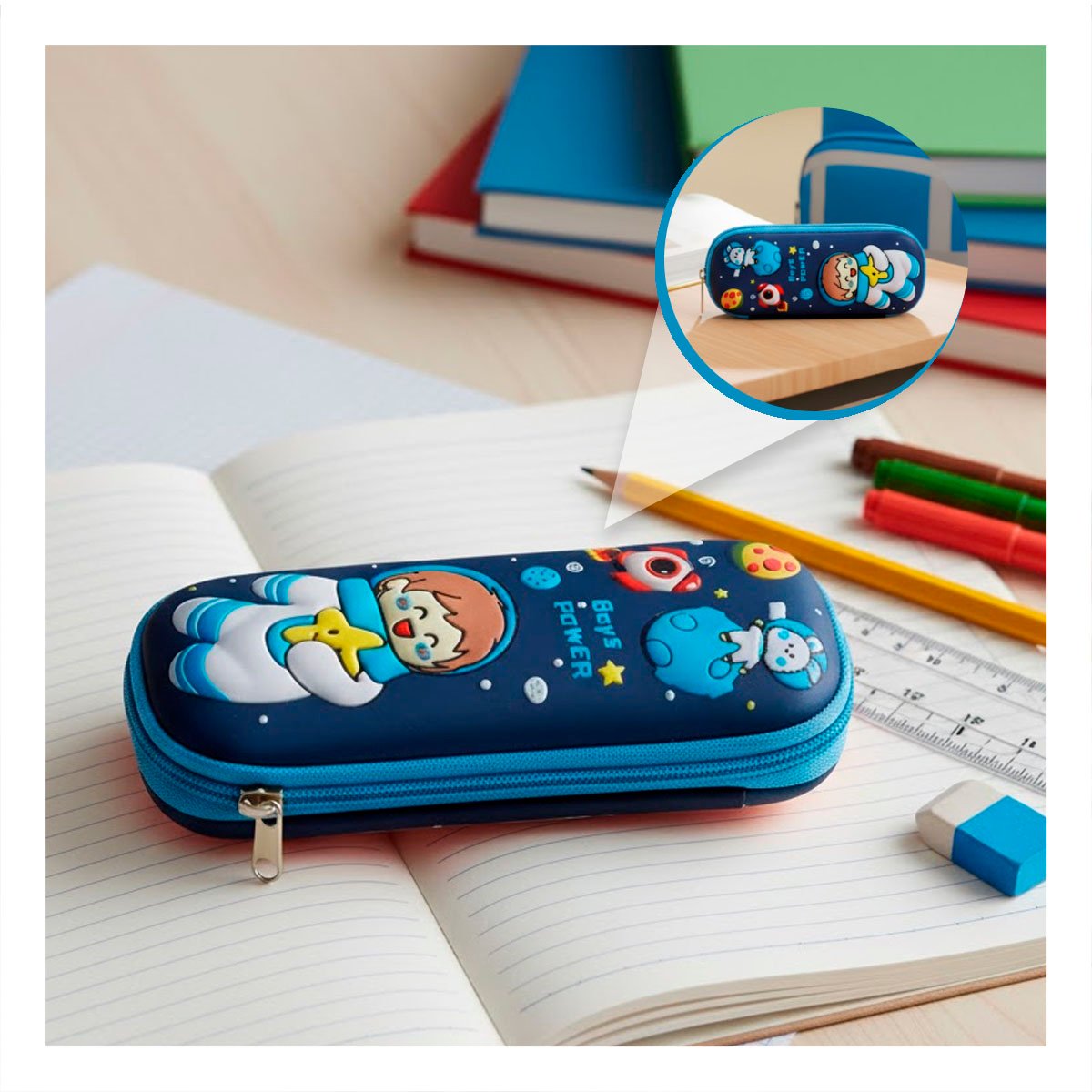 PACK2 BOLSO MODERNO ASTRONAUTA FELIZ AZUL ALTO RELIEVE CON ESPACIO AMPLIO Y+PAPEL REGALO - 5