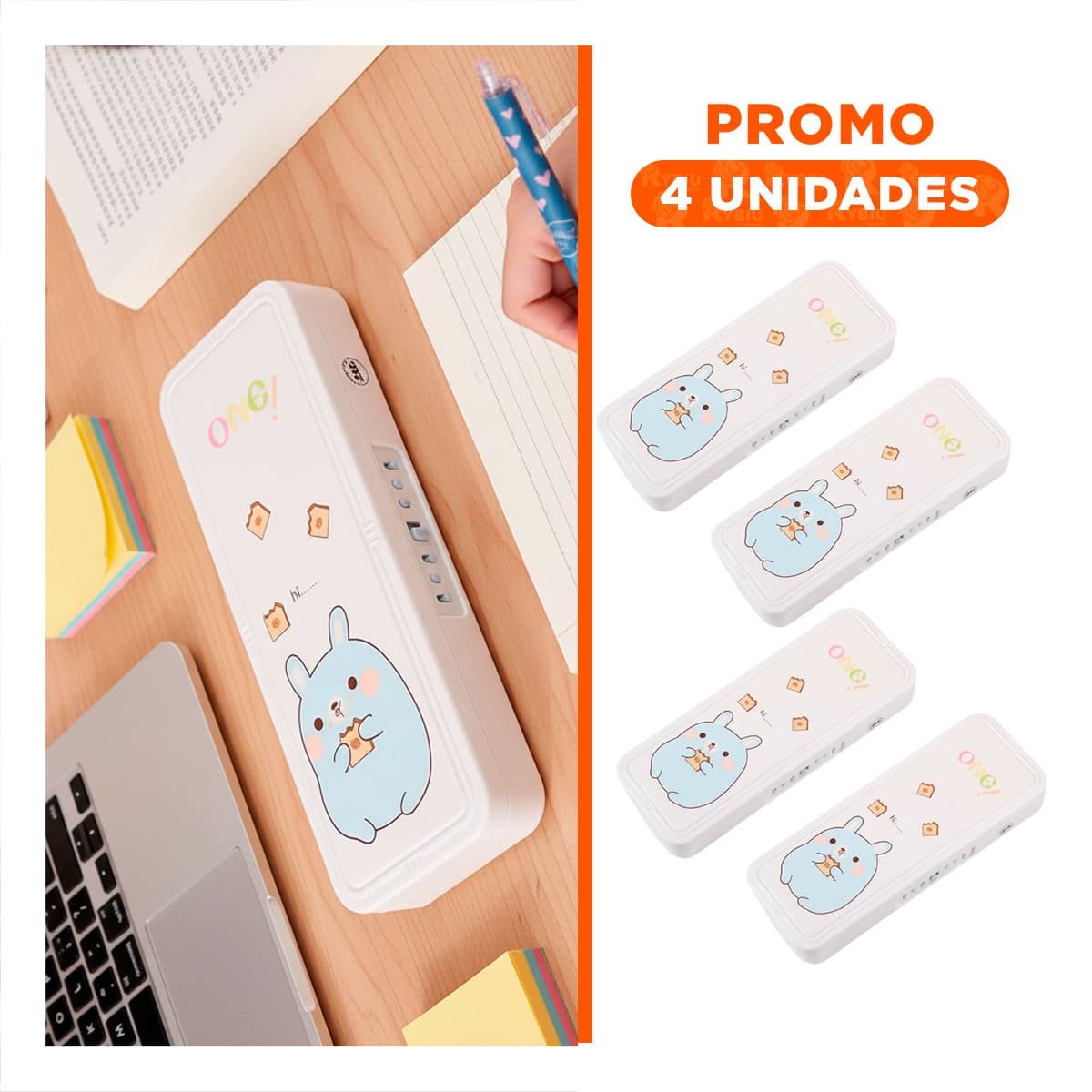 PACK4 CARTUCHERA MODERNA CONEJO BEIGE CON CLAVE 2 NIVELES PRACTICA Y+REGALO STICKER - 1