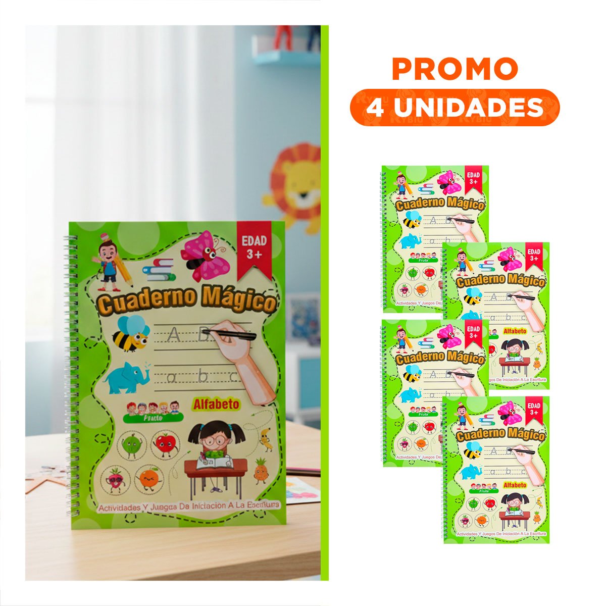 PACK4 PRESENTACION VERDE CLARO CUADERNO MAGICO PARA DIBUJO INFANTIL Y+REGALO STICKER - 1