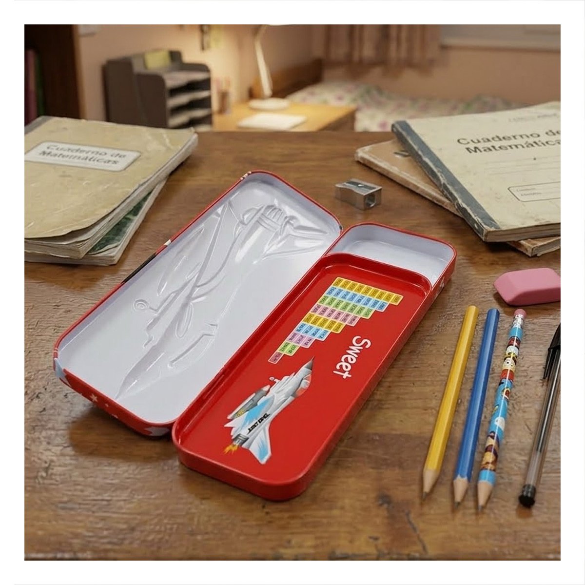 CAJA ESCOLAR RIGIDA BLANCO DE METAL CON SEPARADOR PARA UTILES - 2