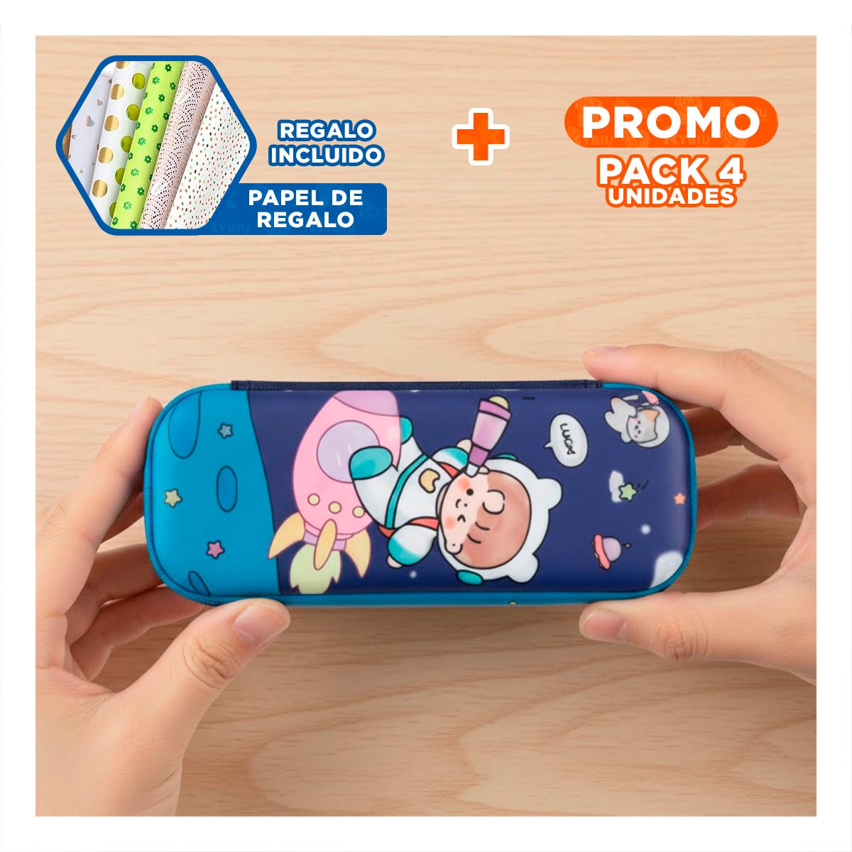 PACK4 ACCESORIO INFANTIL ASTRONAUTA EN COHETE AZUL ALTO RELIEVE CON DISENO Y+PAPEL REGALO - 1