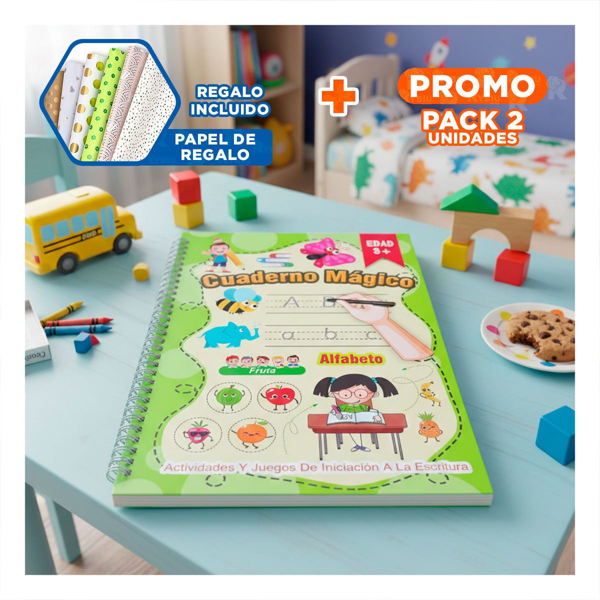 PACK2 FORMATO VERDE CLARO CUADERNO MAGICO PARA PRACTICA INFANTIL Y+PAPEL REGALO - 1