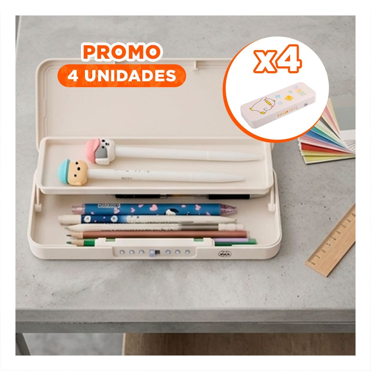 PACK4 PORTA LAPICES BEIGE CON CLAVE 2 NIVELES DISENO PATO - 1