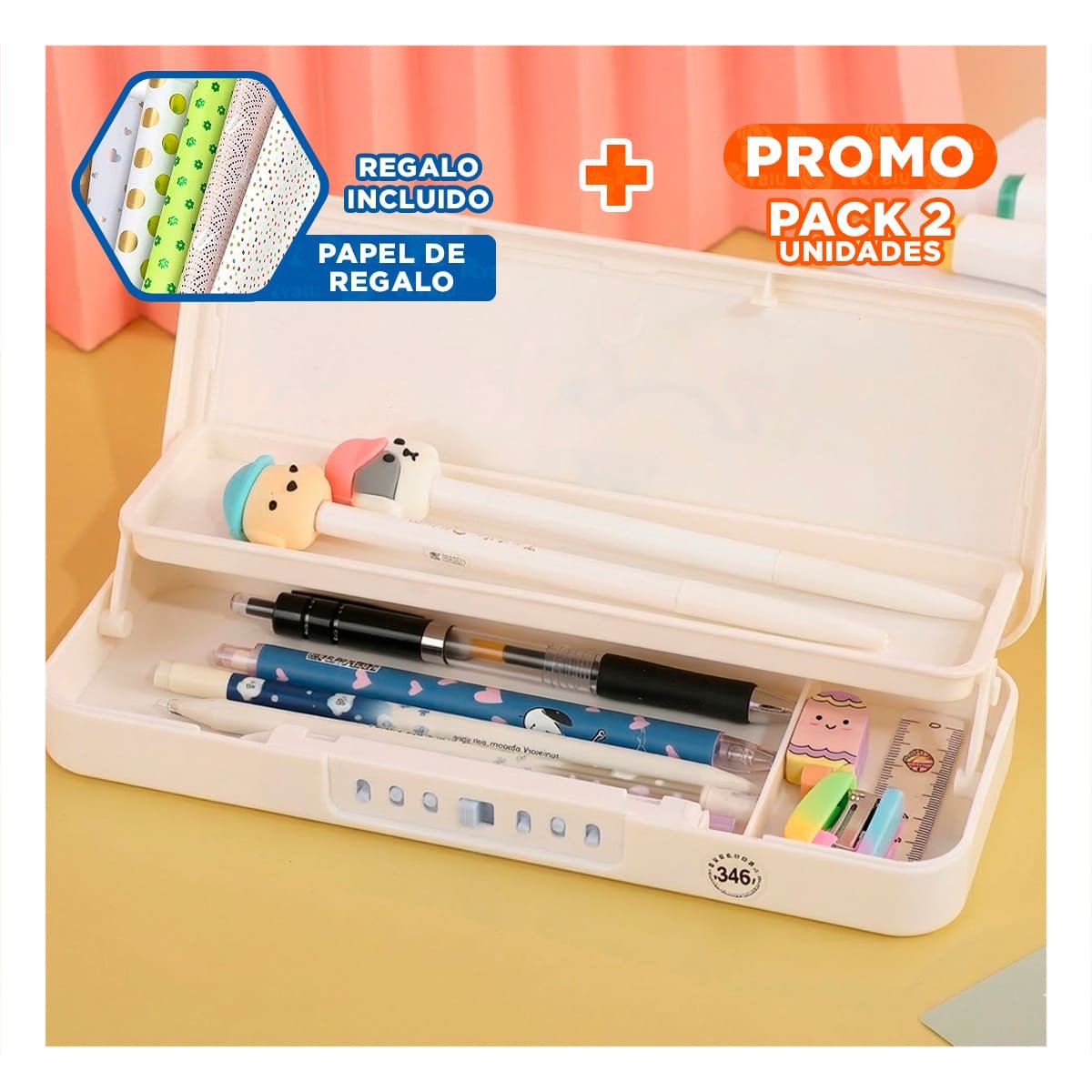 PACK2 ESTUCHE PRACTICO BEIGE CON CLAVE 2 NIVELES DISENO HELADOS INFANTIL Y+PAPEL REGALO - 1