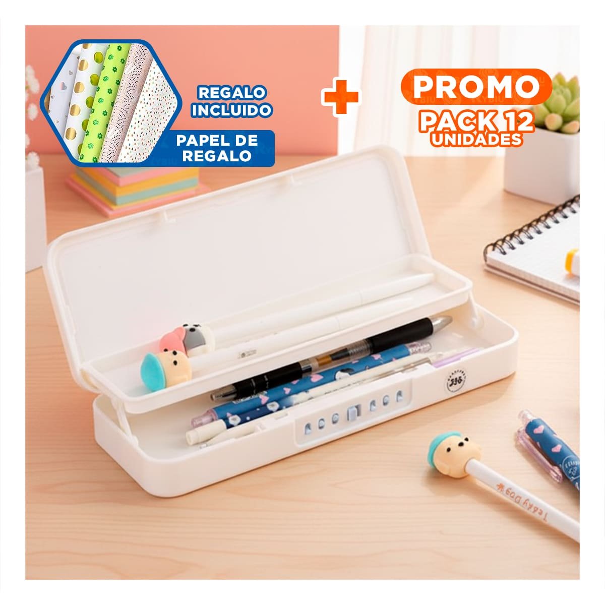 PACK12 ESTUCHE RESISTENTE CONEJO BEIGE CON CLAVE 2 NIVELES ESCOLAR Y+PAPEL REGALO - 1
