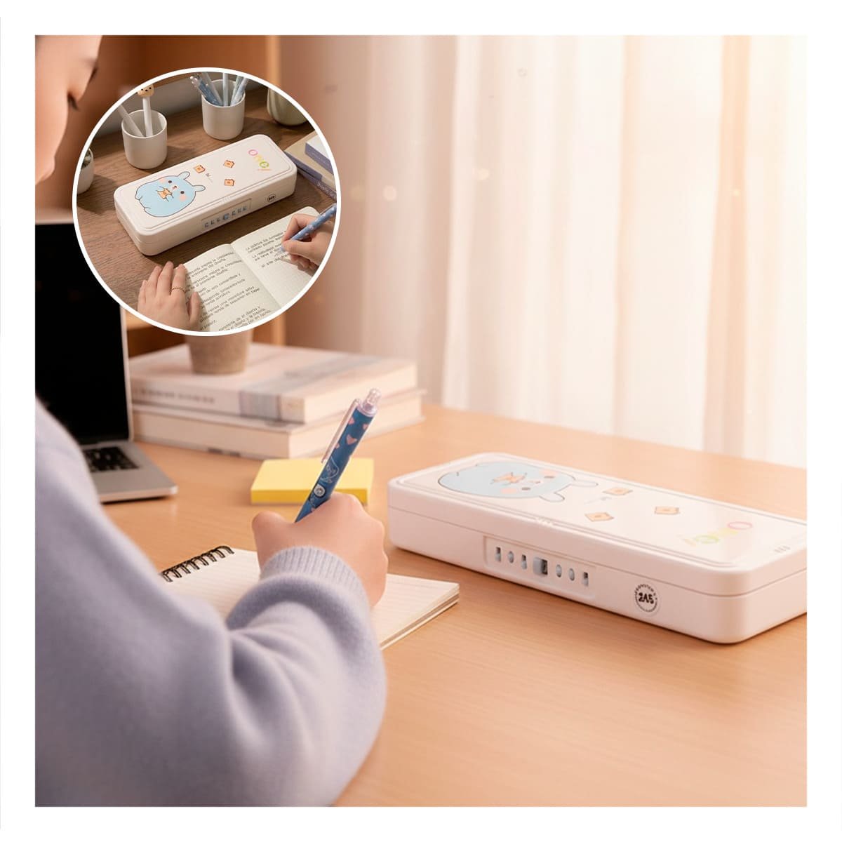 PACK12 ESTUCHE RESISTENTE CONEJO BEIGE CON CLAVE 2 NIVELES ESCOLAR Y+PAPEL REGALO - 3