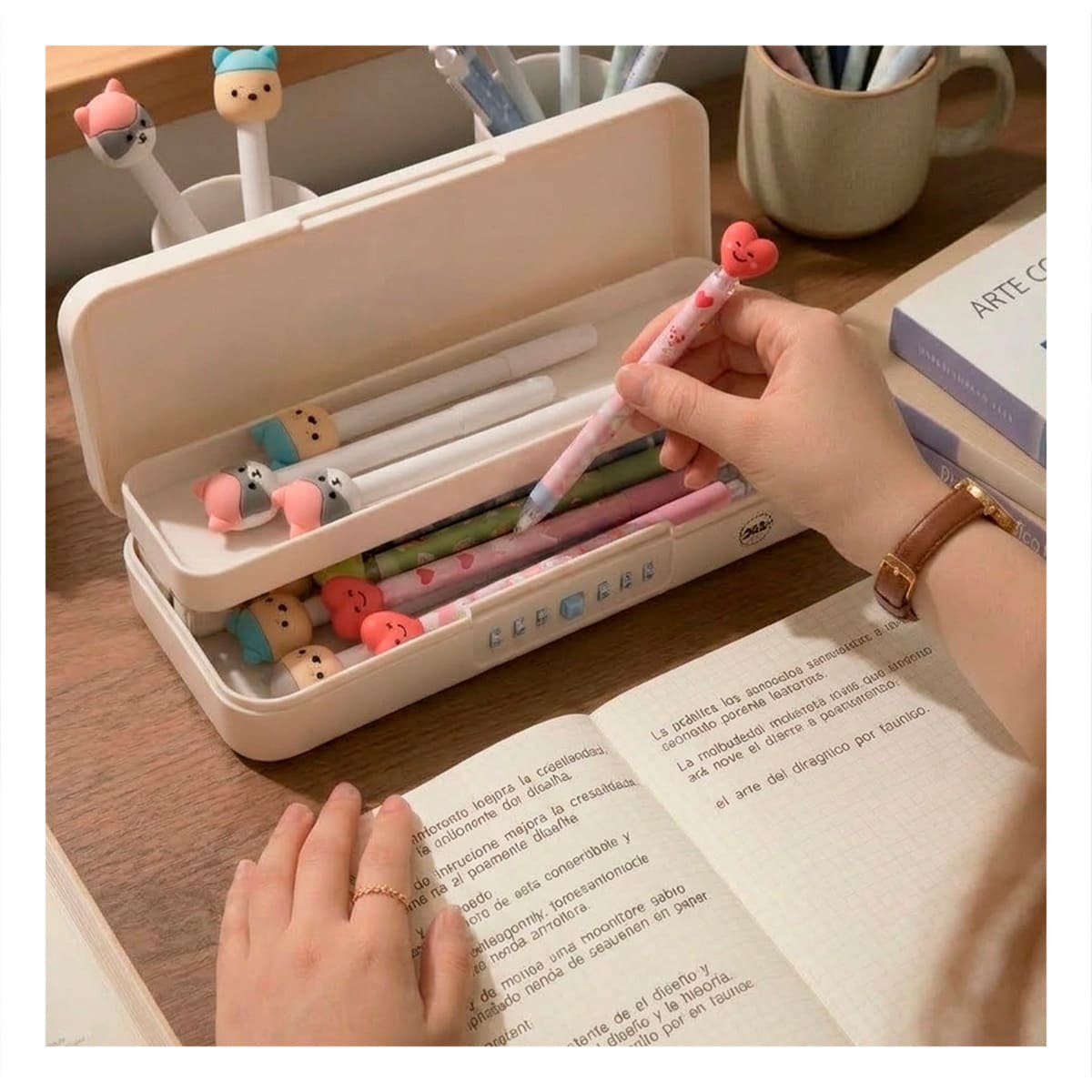 PACK12 ESTUCHE RESISTENTE CONEJO BEIGE CON CLAVE 2 NIVELES ESCOLAR Y+PAPEL REGALO - 5