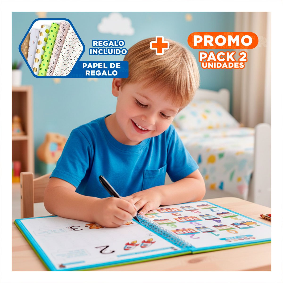 PACK2 FORMATO AZUL CUADERNO MAGICO PARA PRACTICA INFANTIL Y+PAPEL REGALO - 1