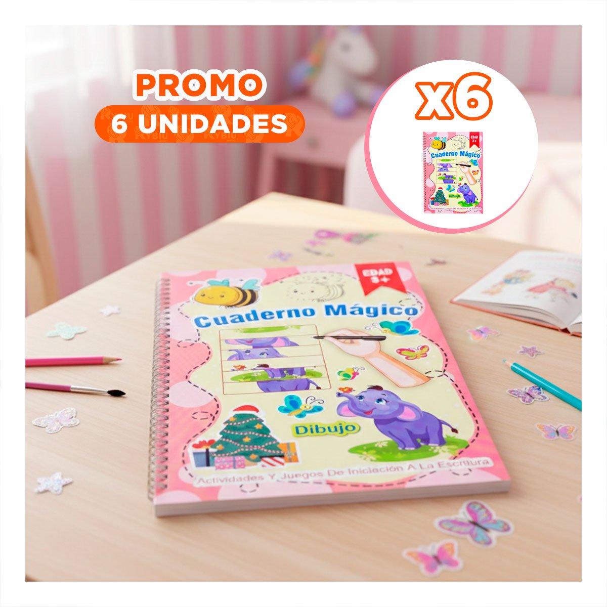 PACK6 UTIL ROSADO CUADERNO MAGICO PARA DIBUJO DIARIO Y+REGALO STICKER - 1