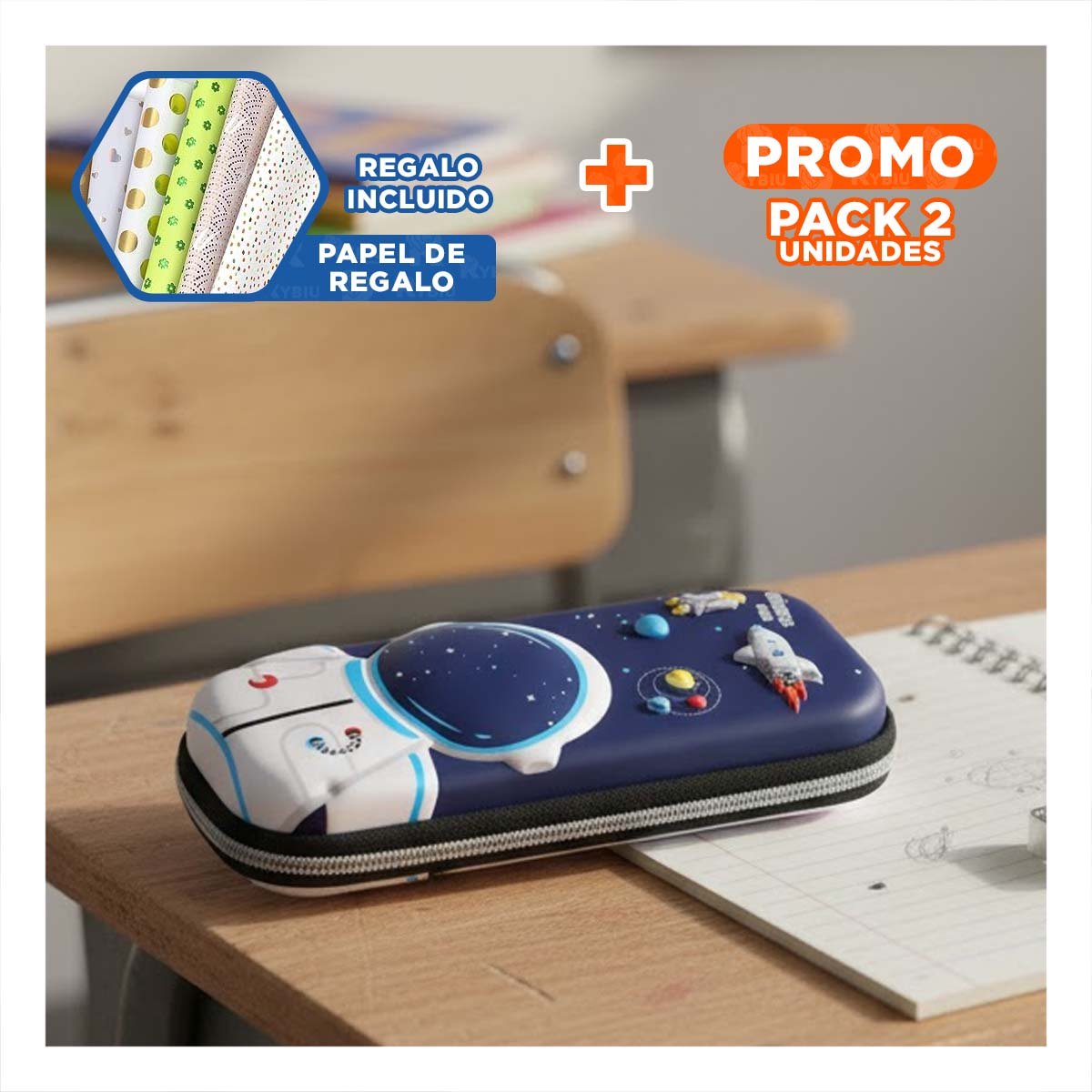 PACK2 BOLSO MODERNO ASTRONAUTA HAPPY AZUL ALTO RELIEVE CON ESPACIO AMPLIO Y+PAPEL REGALO - 1