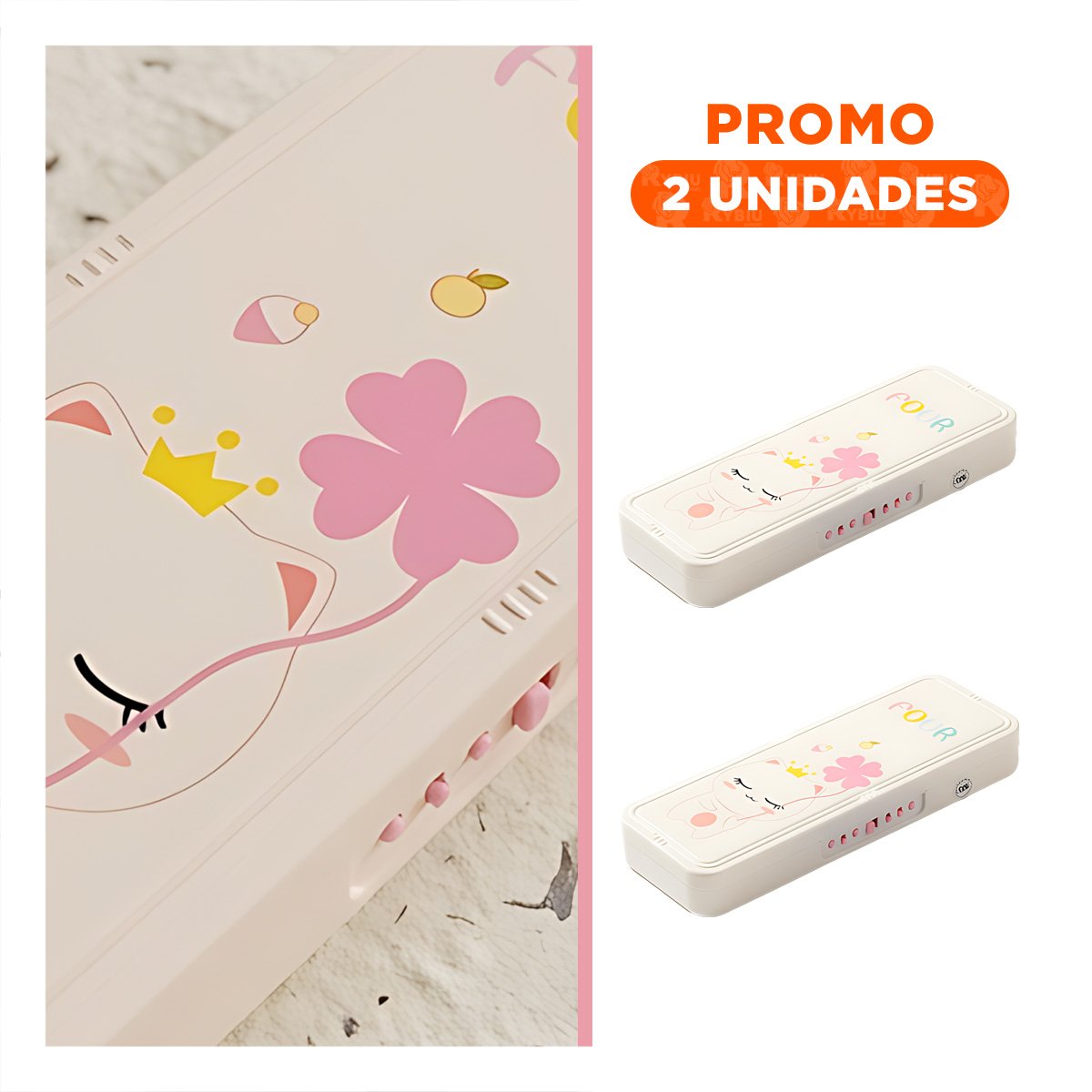 PACK2 ESTUCHE JUVENIL CON CLAVE 2 NIVELES GATO CON FLOR BEIGE PARA COLEGIO - 1