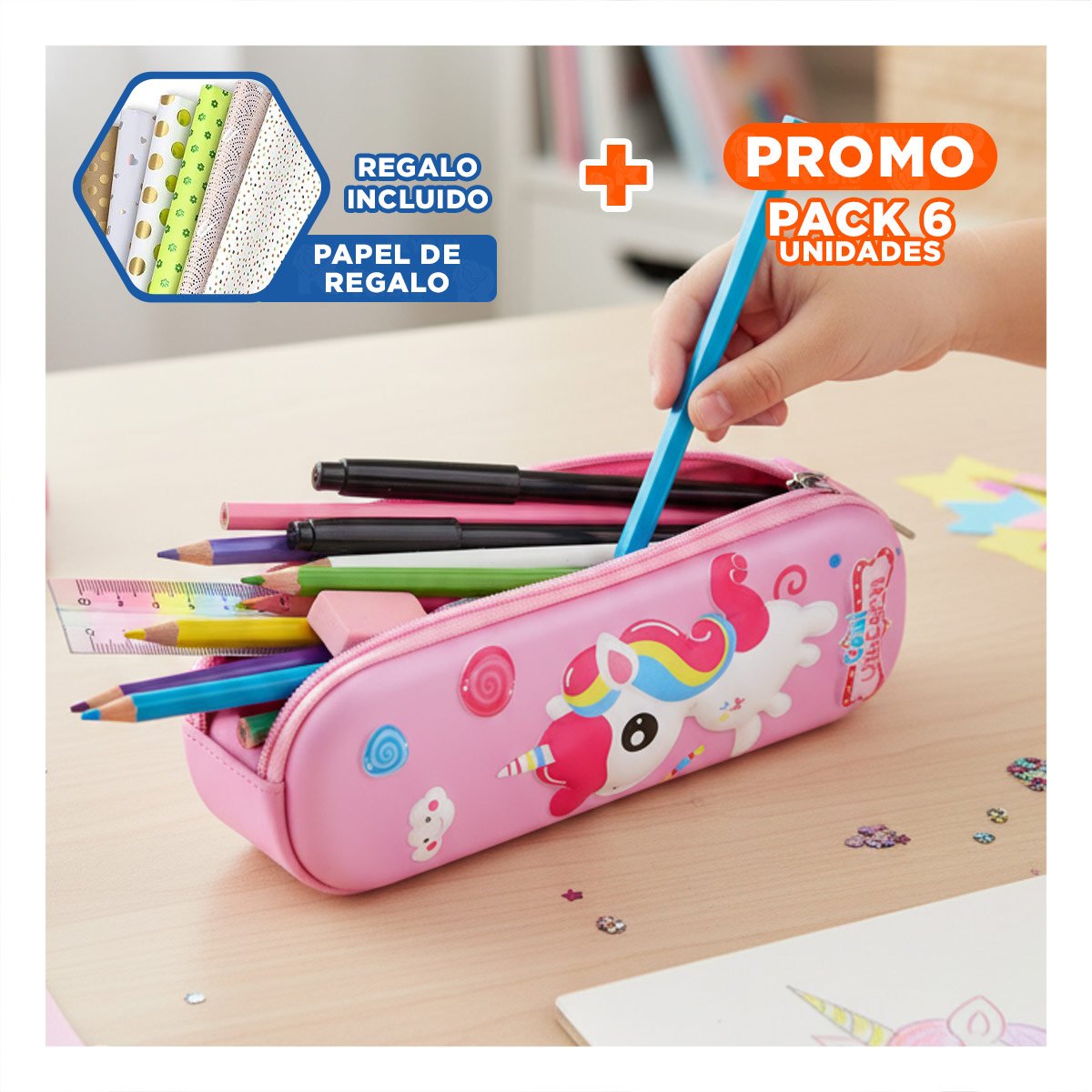 PACK6 ACCESORIO FUNCIONAL UNICORNIO ROSADO ALTO RELIEVE CON GRAN CAPACIDAD Y+PAPEL REGALO - 1