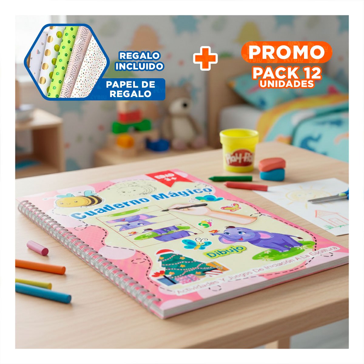 PACK12 COMPLEMENTO ROSADO CUADERNO MAGICO PARA ESCRITURA Y+PAPEL REGALO - 1