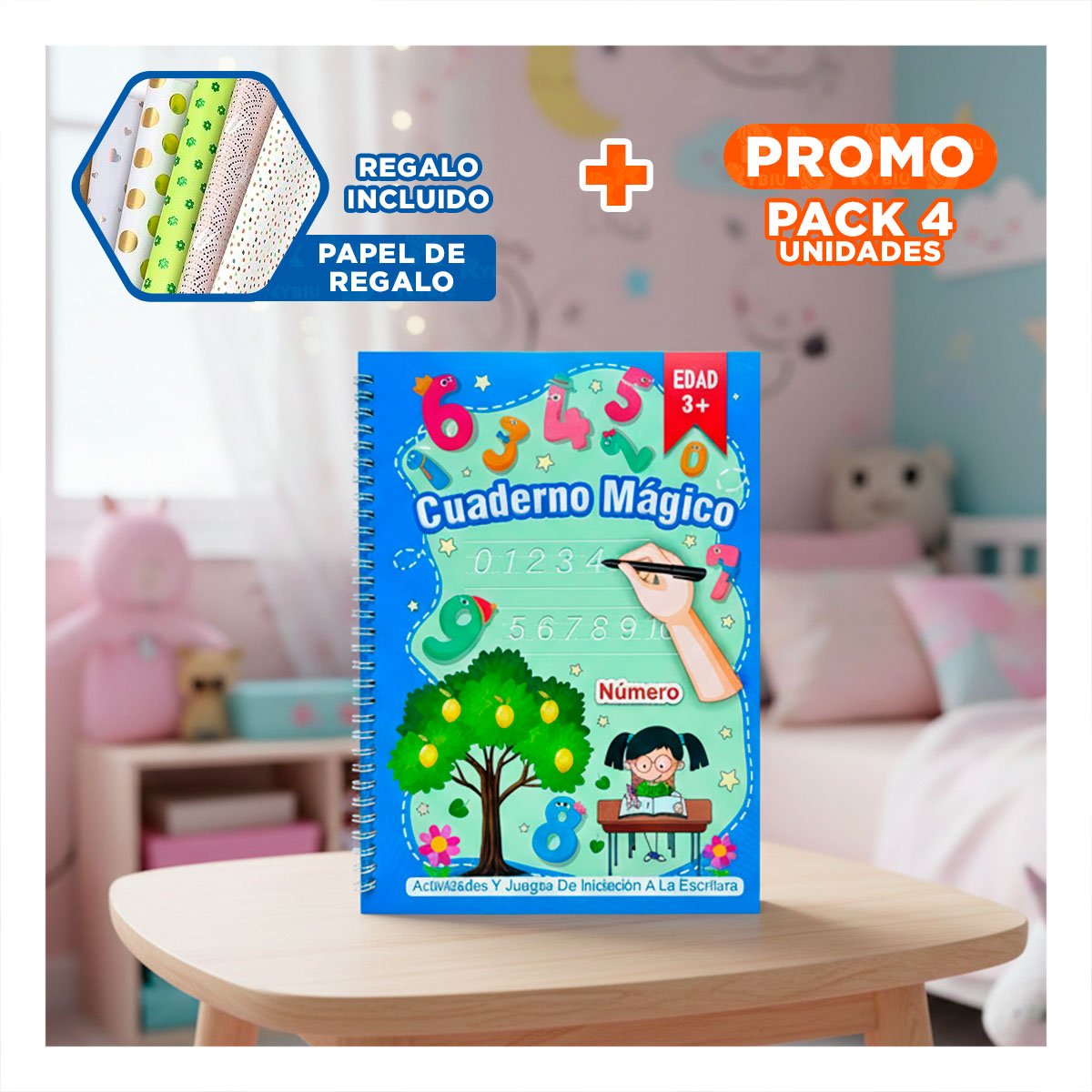 PACK4 LINEA AZUL CUADERNO MAGICO PARA NOTAS ESCOLARES Y+PAPEL REGALO - 1