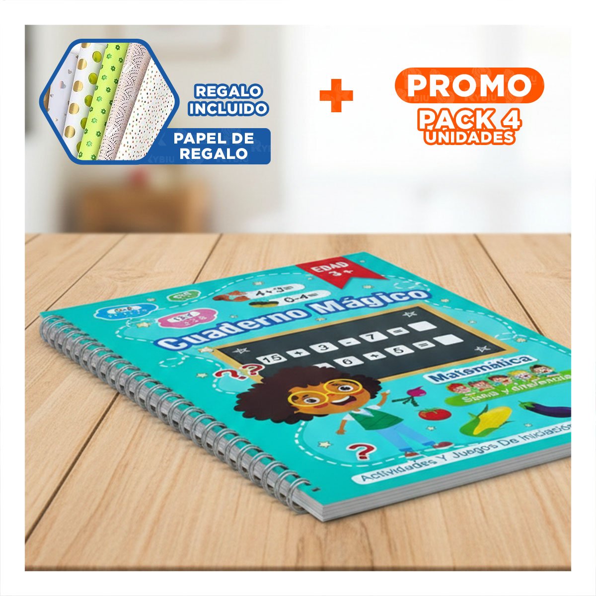 PACK4 LINEA CELESTE CUADERNO MAGICO PARA NOTAS ESCOLARES Y+PAPEL REGALO - 1