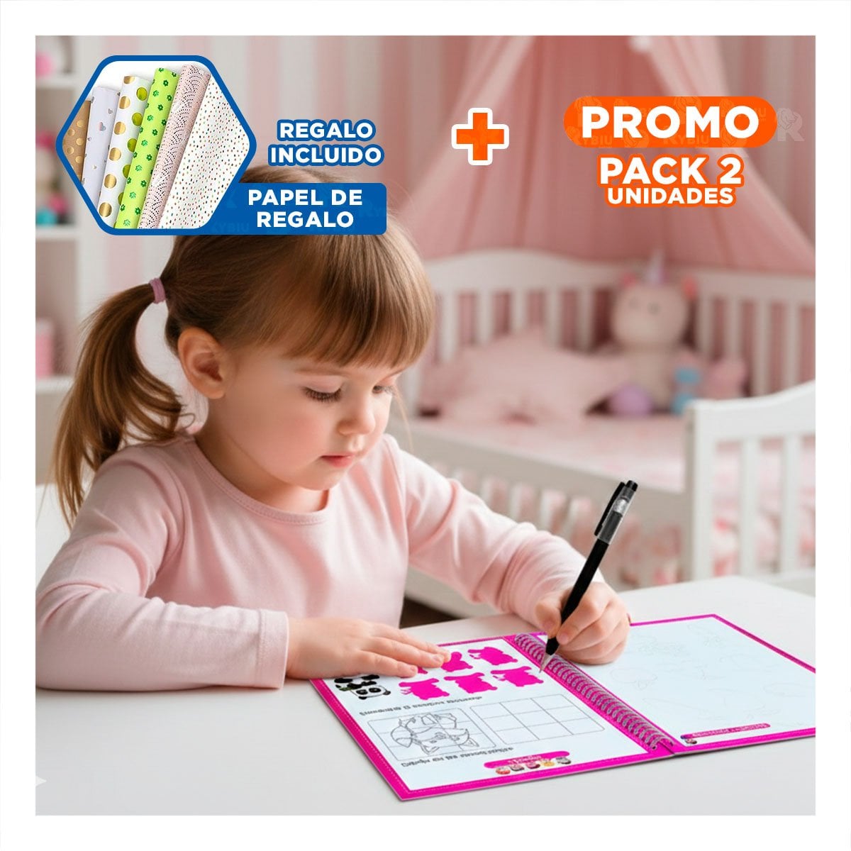 PACK2 FORMATO ROSADO CUADERNO MAGICO PARA PRACTICA INFANTIL Y+PAPEL REGALO - 1
