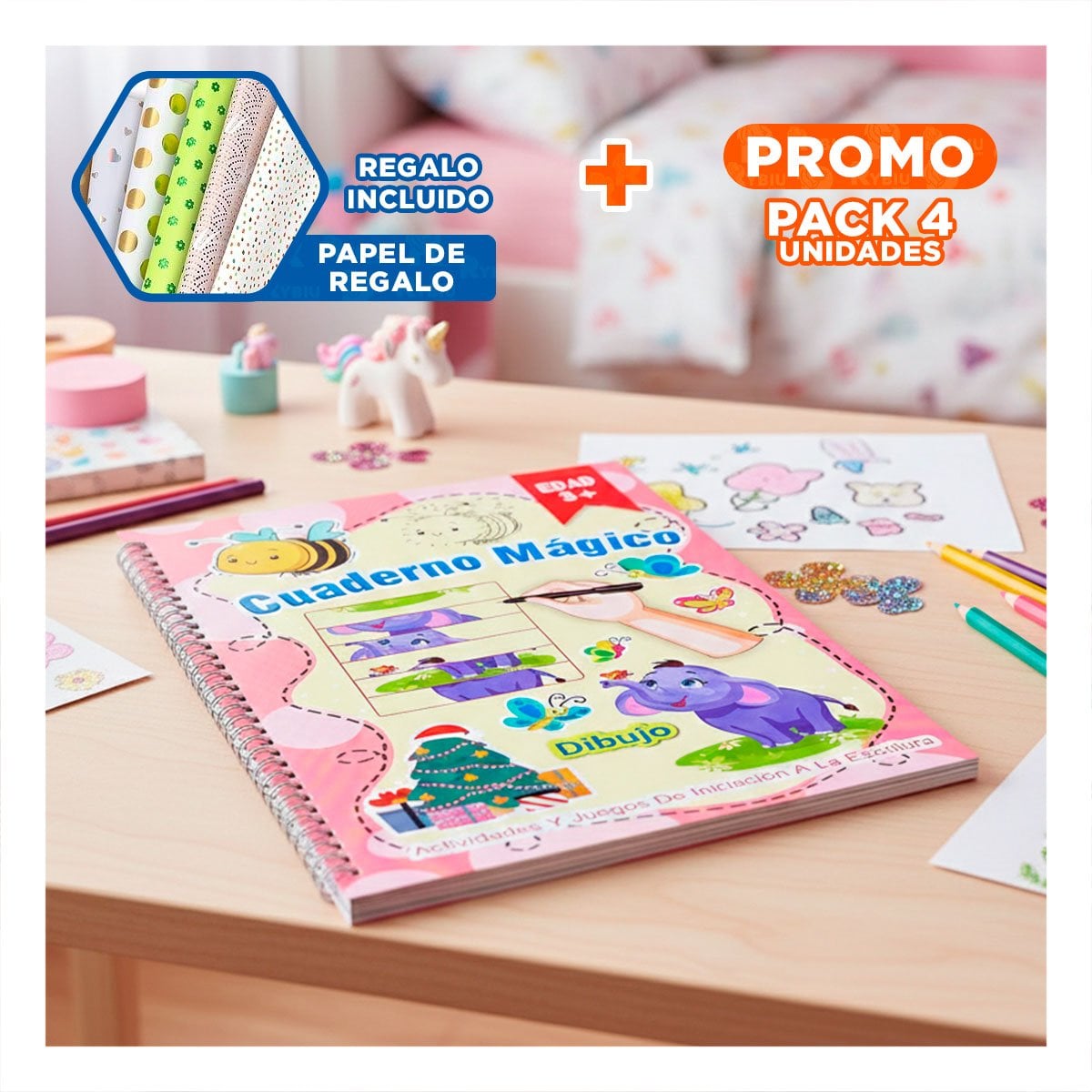 PACK4 LINEA ROSADO CUADERNO MAGICO PARA NOTAS ESCOLARES Y+PAPEL REGALO - 1
