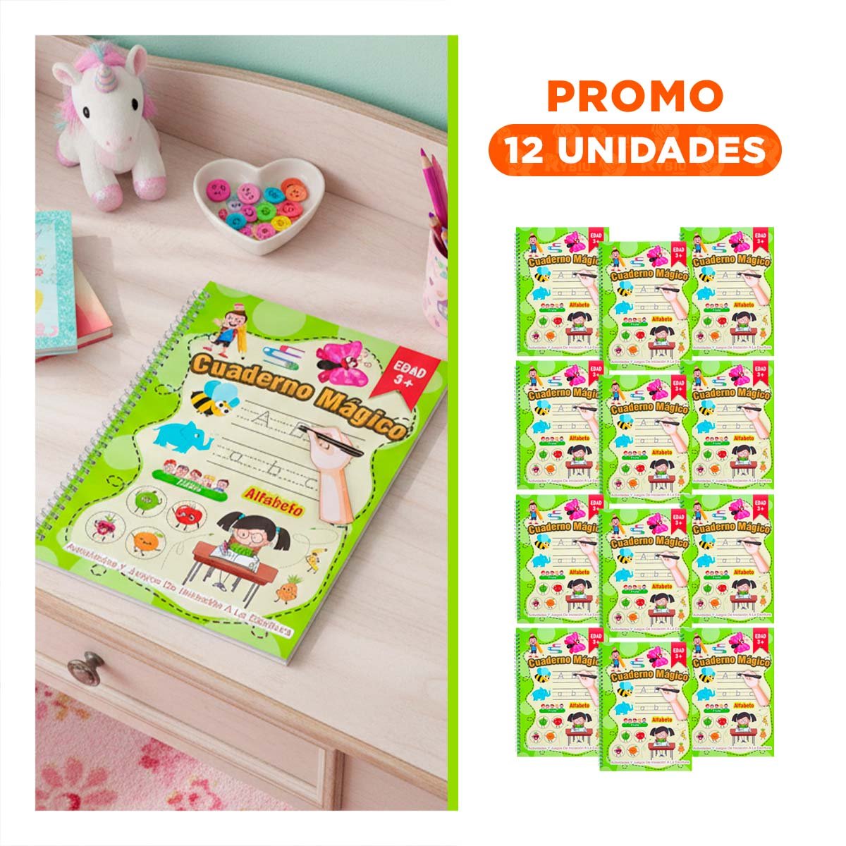 PACK12 INFANCIA CUADERNO VERDE CLARO MAGICO PARA APRENDER ESCRIBIR Y+REGALO STICKER - 1