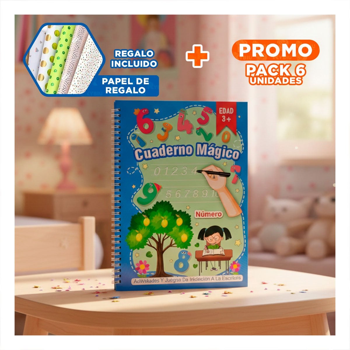 PACK6 ARTICULO AZUL CUADERNO MAGICO PARA ESCRITURA CREATIVA Y+PAPEL REGALO - 1