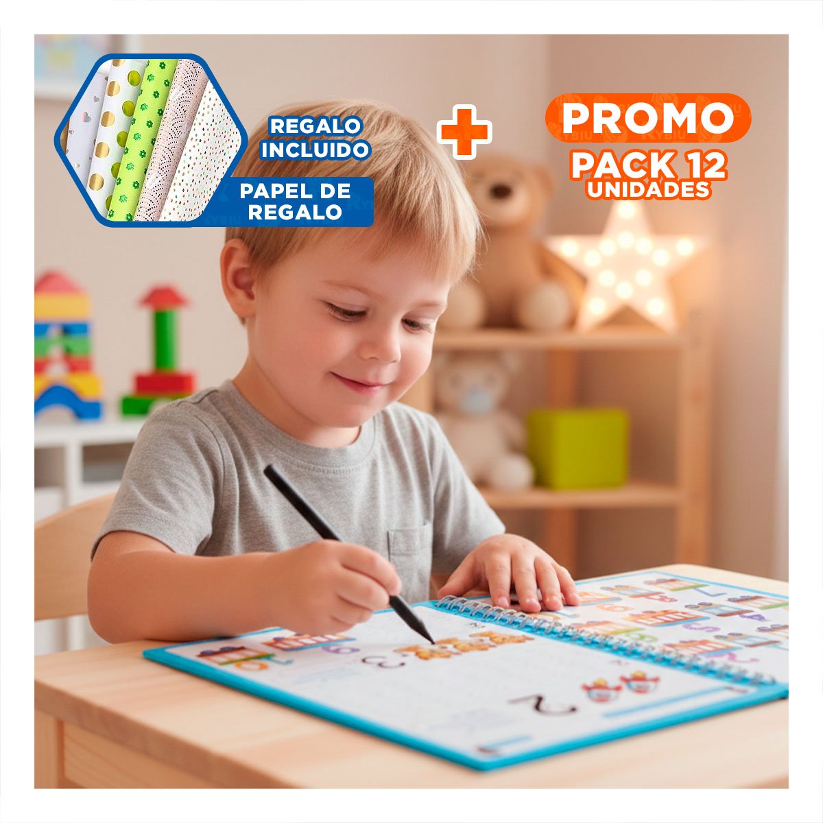 PACK12 COMPLEMENTO AZUL CUADERNO MAGICO PARA ESCRITURA Y+PAPEL REGALO - 1