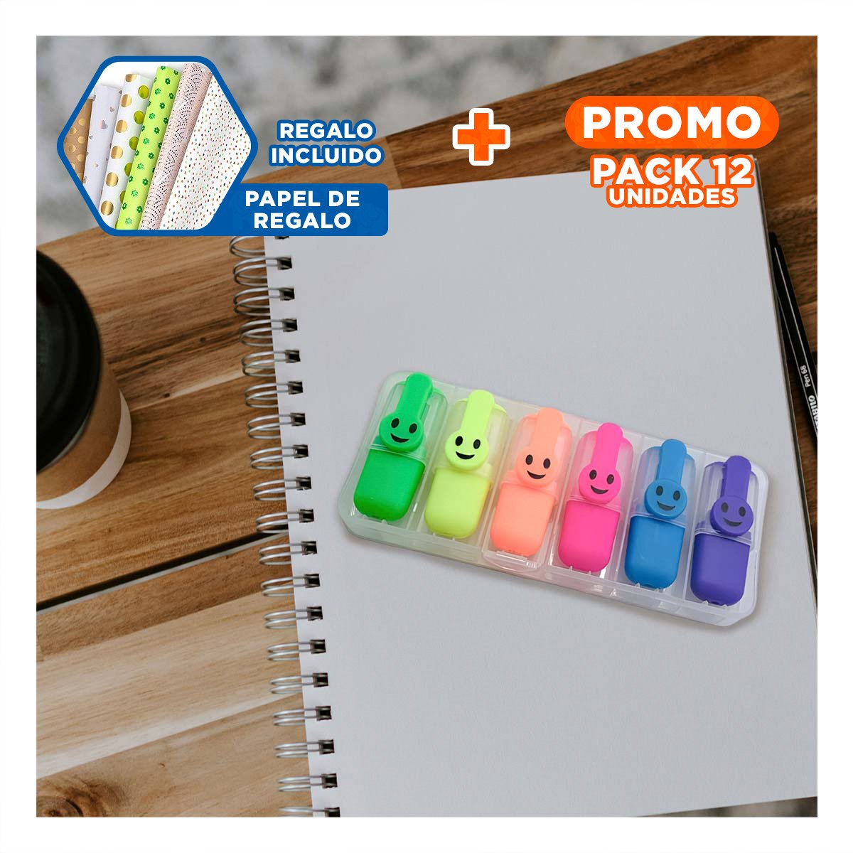 PACK12 SMART NEON CARITAS 6 COLORES SET ESCOLAR PERU OFICINA MODERNA Y+PAPEL REGALO - 1