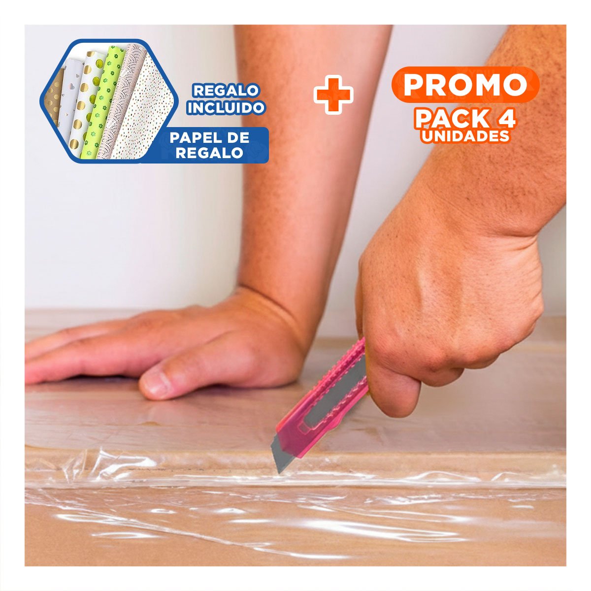 PACK4 CUCHILLA PARA OFICINA 15CM ROSADO TRANSPARENTE SET 3 UNIDADES Y+PAPEL REGALO - 1