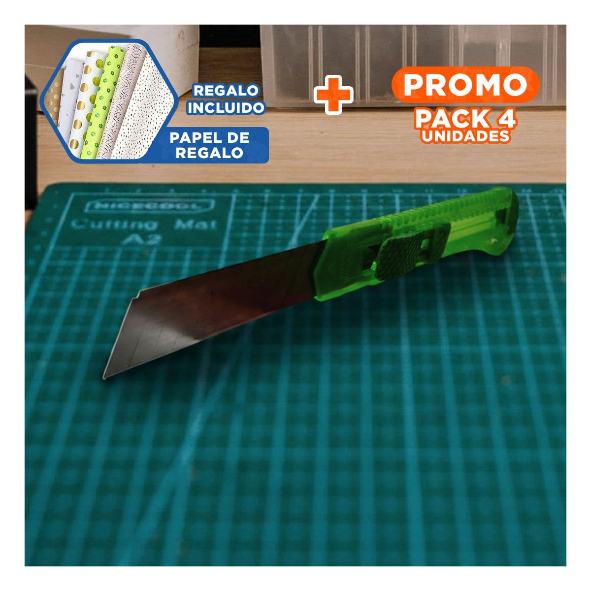 PACK4 CUCHILLA PARA OFICINA 15CM VERDE TRANSPARENTE SET 3 UNIDADES Y+PAPEL REGALO - 1