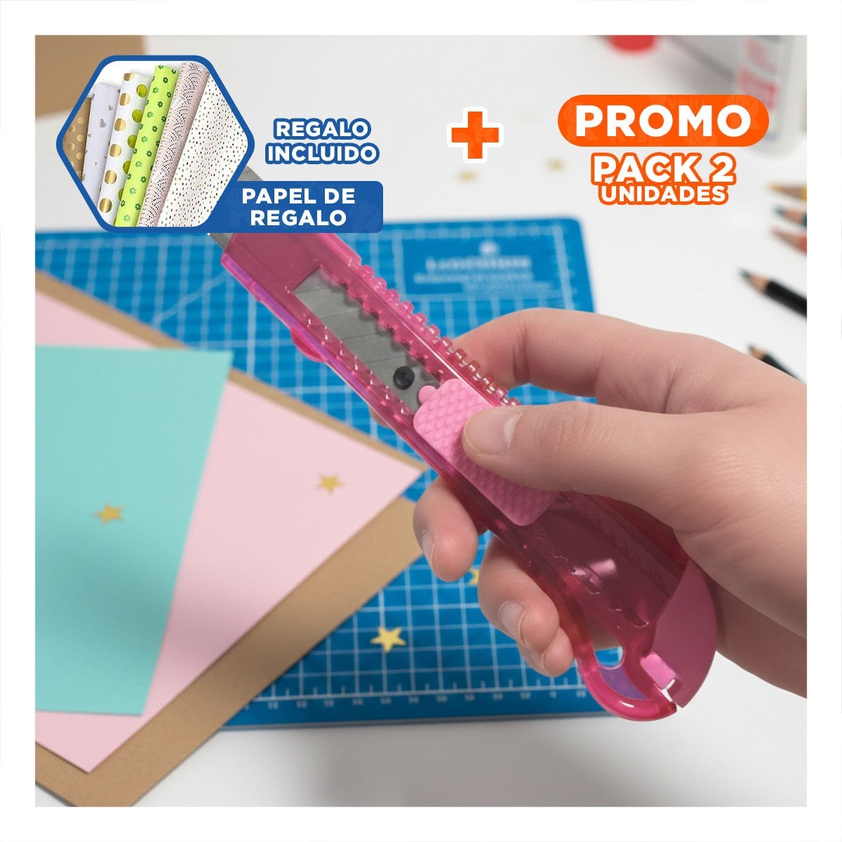 PACK2 CORTADOR ESCOLAR 15CM ROSADO TRANSPARENTE SET 3 UNIDADES TRABAJO Y+PAPEL REGALO - 1