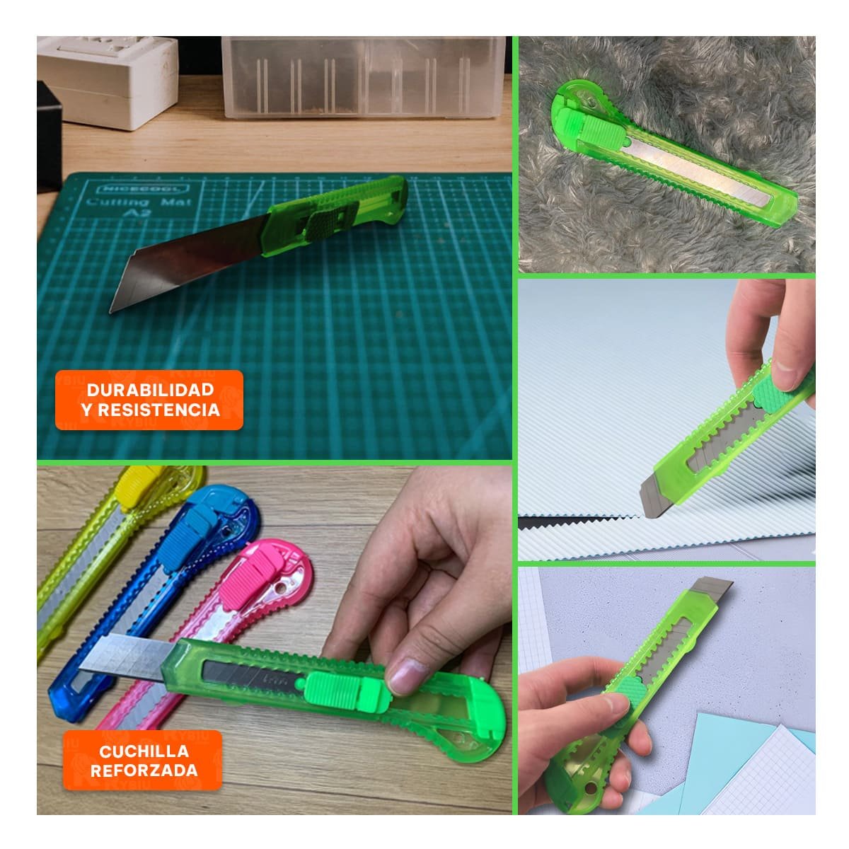 PACK4 NAVAJA PARA OFICINA 15CM VERDE TRANSPARENTE SET 3 UNIDADES Y+REGALO STICKER - 2