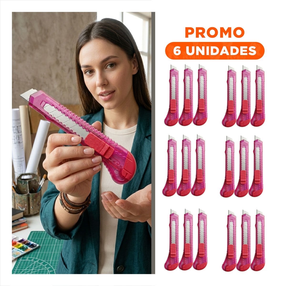 PACK6 CORTADOR PARA OFICINA 15CM ROSADO TRANSPARENTE SET 3 UNIDADES - 1