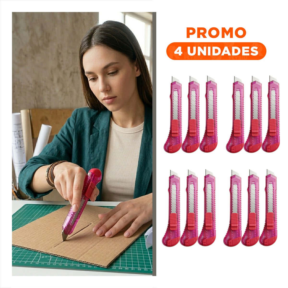 PACK4 NAVAJA PARA OFICINA 15CM ROSADO TRANSPARENTE SET 3 UNIDADES Y+REGALO STICKER - 1