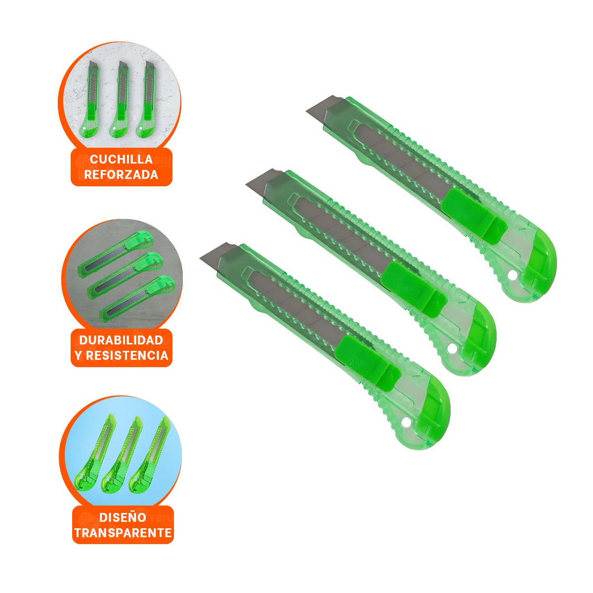 NAVAJA VERDE TRANSPARENTE 15CM RETRACTIL SET 3 UNIDADES - 3