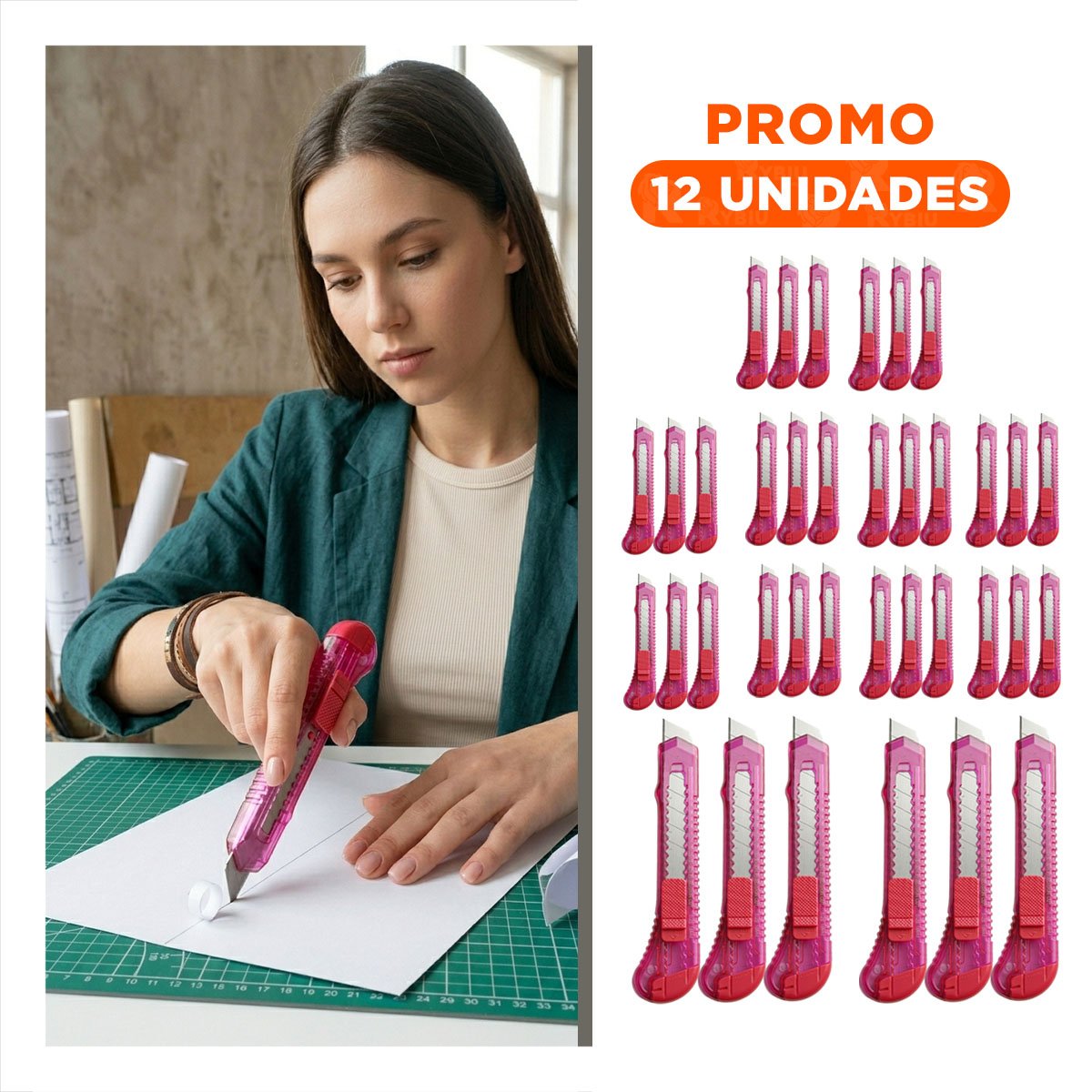 PACK12 CORTADOR DE ESCRITORIO 15CM ROSADO TRANSPARENTE SET 3 UNIDADES Y+REGALO STICKER - 1