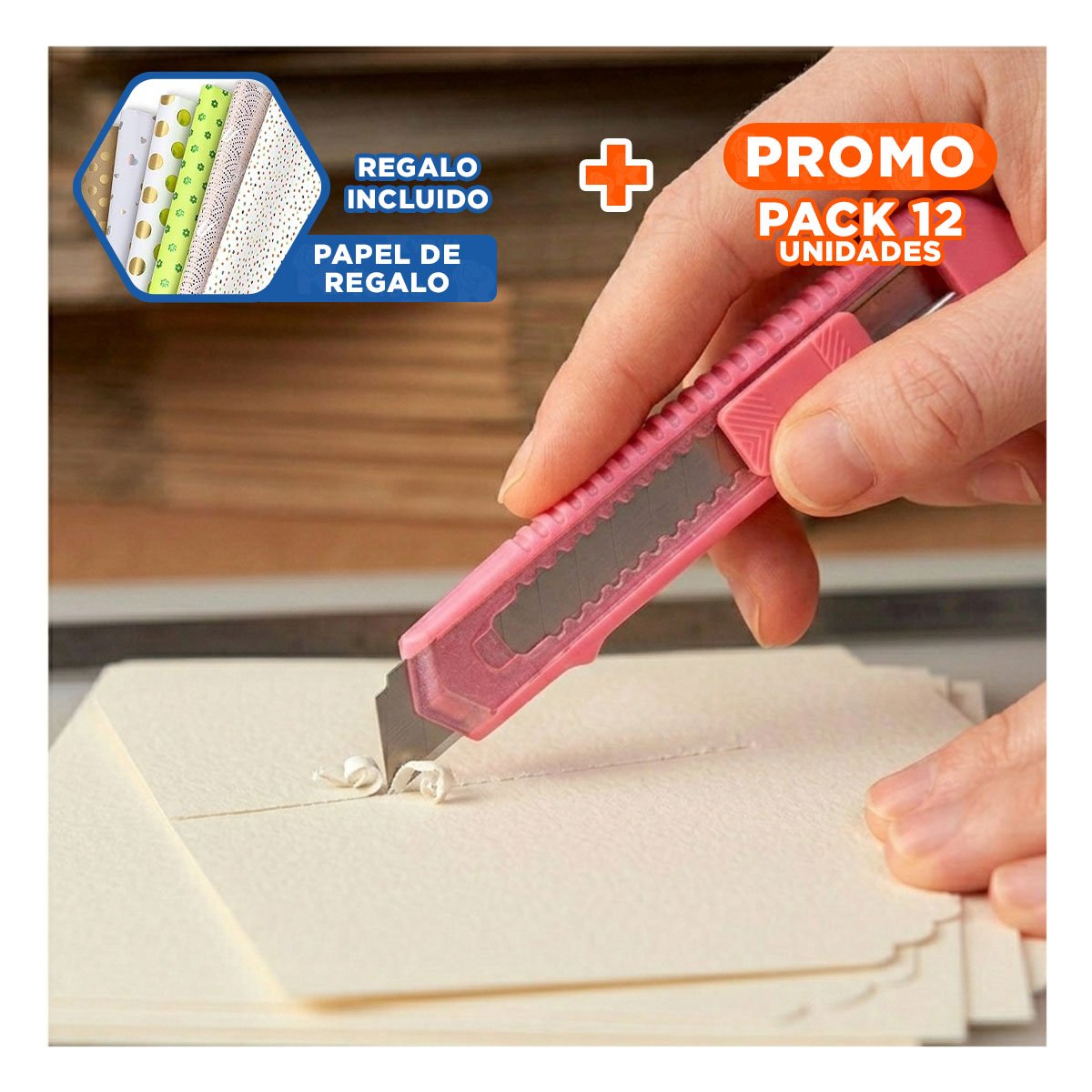 PACK12 NAVAJA DE ESCRITORIO 15CM ROSADO TRANSPARENTE SET 3 UNIDADES Y+PAPEL REGALO - 1
