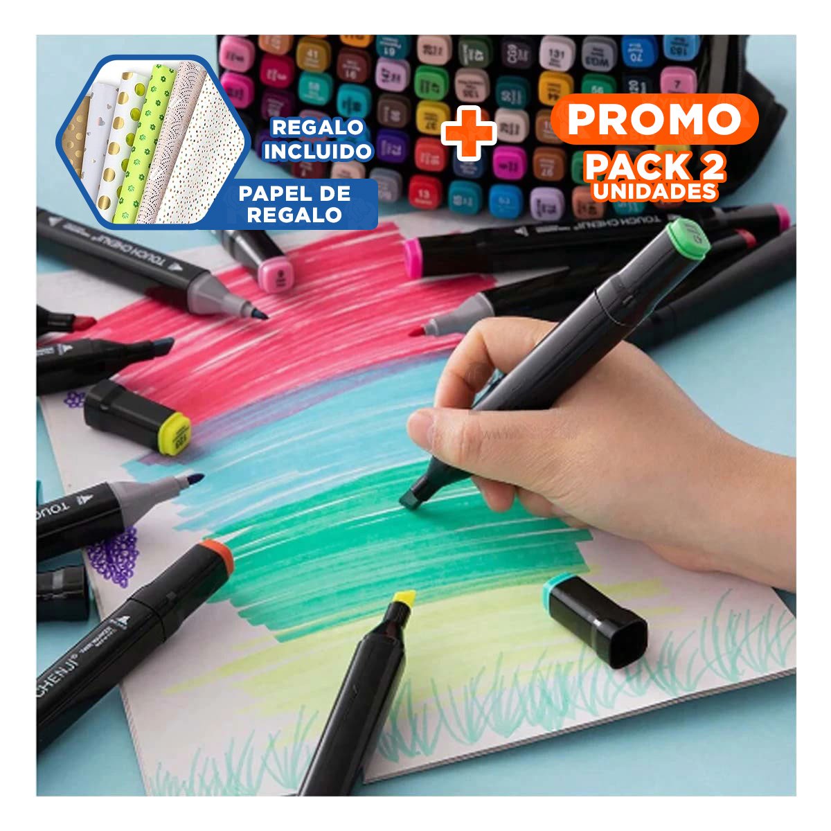 PACK2 ESTUCHE PROFESIONAL LETTERING 24 UNIDADES DOBLE PUNTA TOUCH Y+PAPEL REGALO - 1