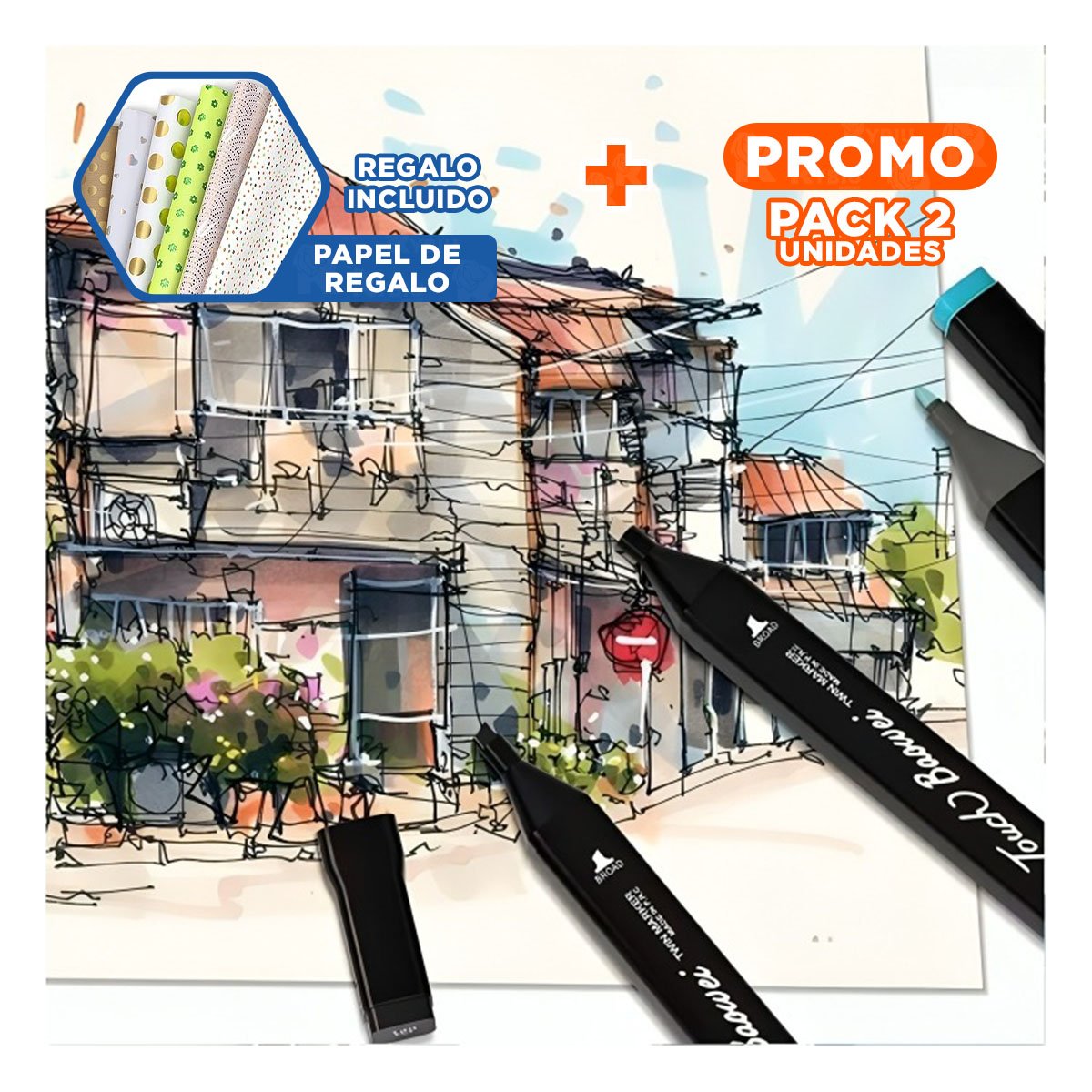 PACK2 ESTUCHE PROFESIONAL LETTERING 80 UNIDADES DOBLE PUNTA TOUCH Y+PAPEL REGALO - 1