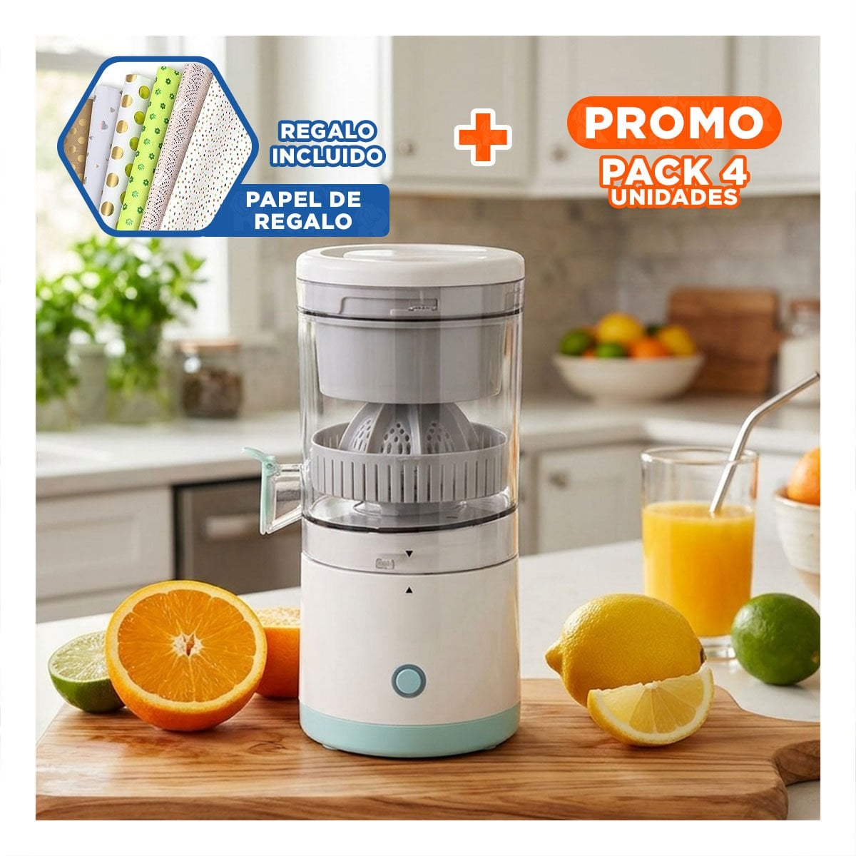 PACK4 APARATO PARA JUGO DE NARANJAS ELECTRICO EN CASA Y+PAPEL REGALO - 1