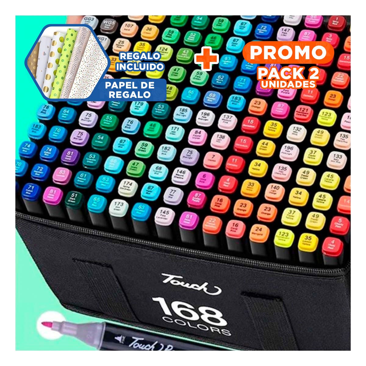 PACK2 ESTUCHE PROFESIONAL LETTERING 168 UNIDADES DOBLE PUNTA TOUCH Y+PAPEL REGALO - 1