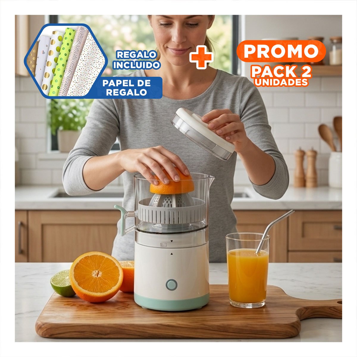 PACK2 EXPRIMIDOR PORTATIL ELECTRICO PARA NARANJAS EN CASA Y+PAPEL REGALO - 1