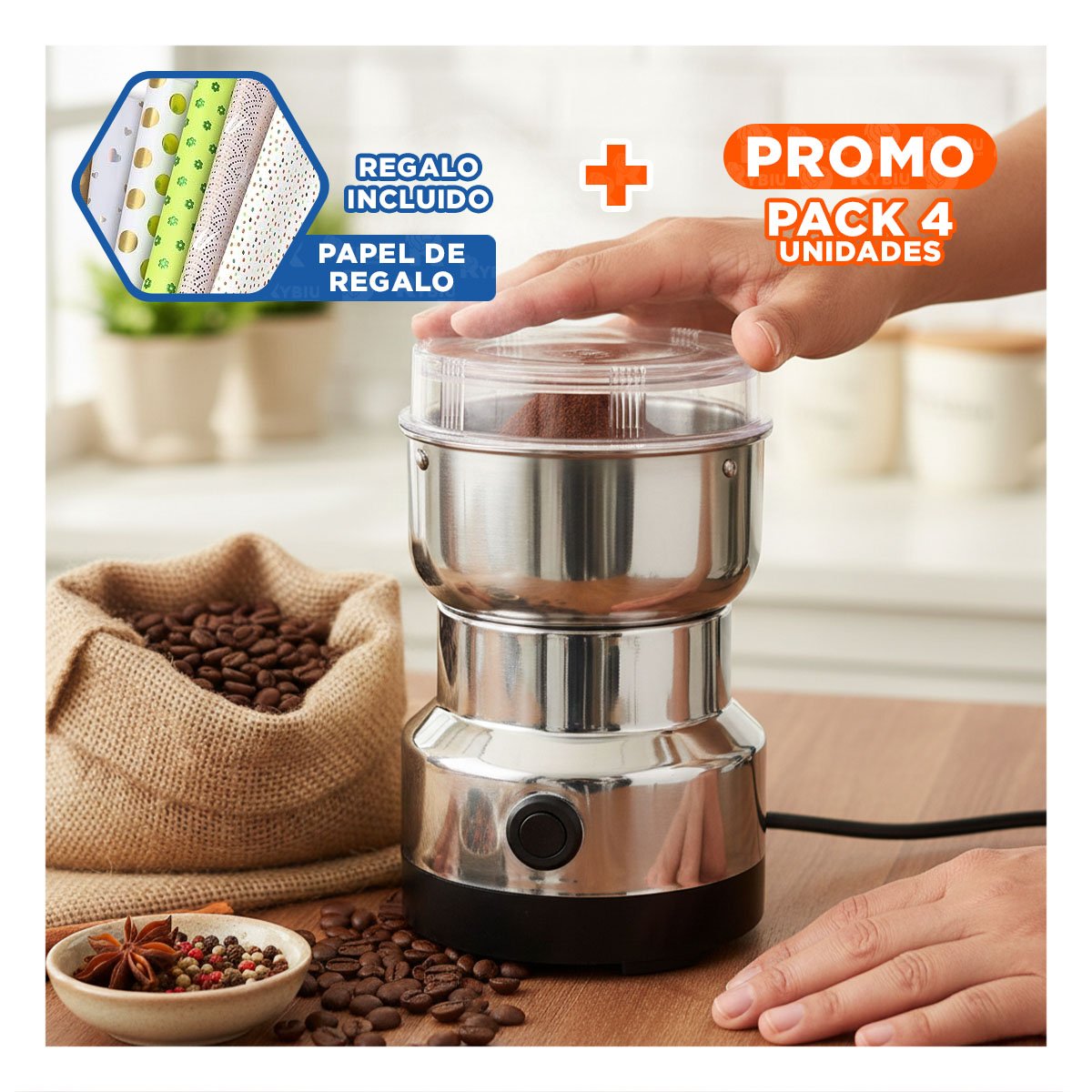 PACK4 MOLEDOR ELECTRICO POTENTE PARA COCINA MODERNA Y+PAPEL REGALO - 1