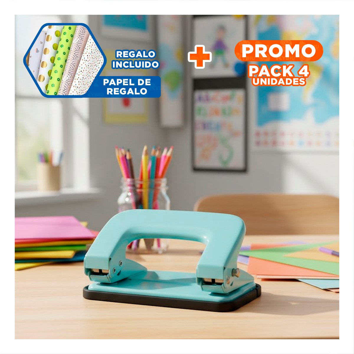 PACK4 FUNCIONAL CELESTE BEBE PARA 11 HOJAS PAPELERIA ESCOLAR Y+PAPEL REGALO - 1
