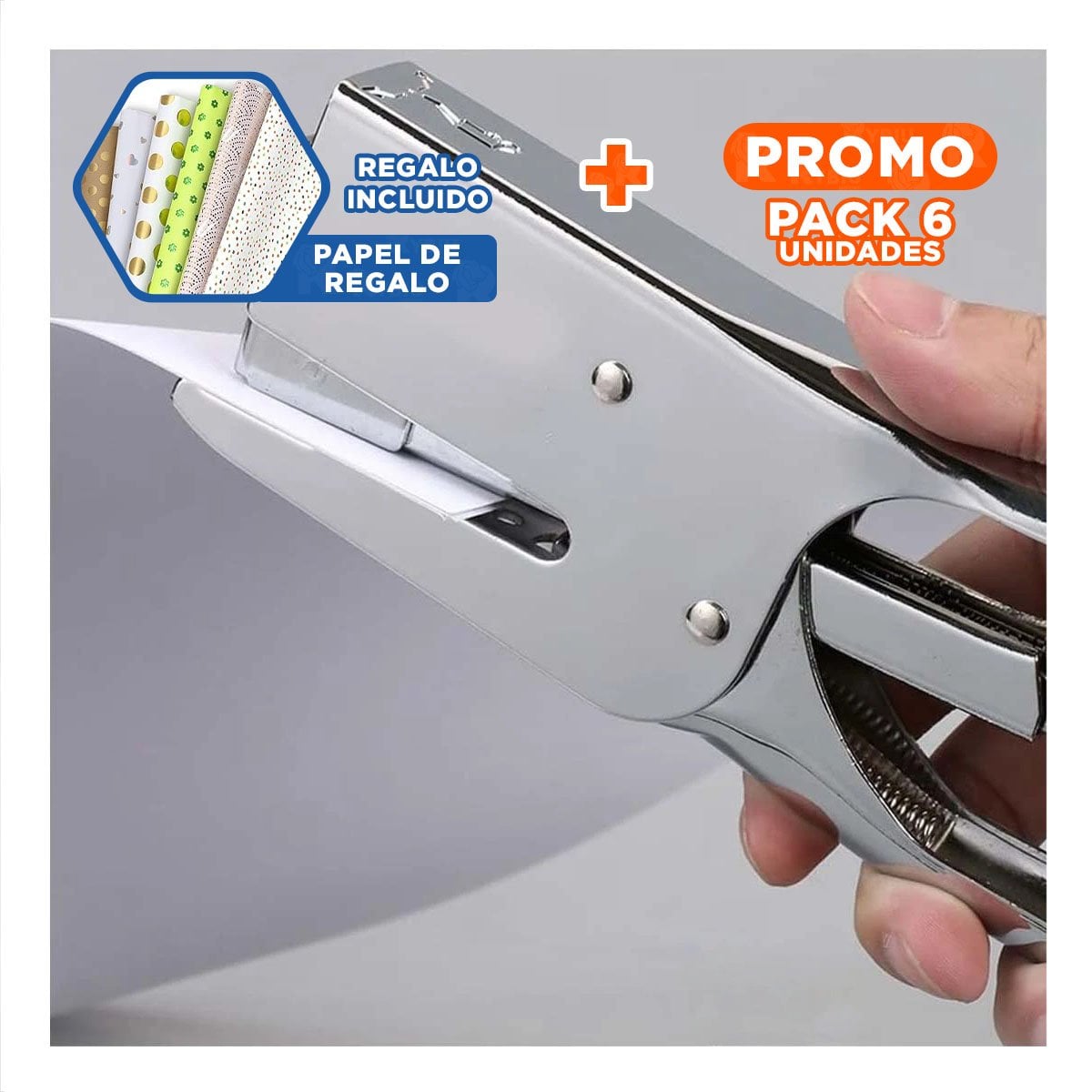 PACK6 GRAPADOR METALICO GRANDE PLATEADO 25 HOJAS Y+PAPEL REGALO - 1