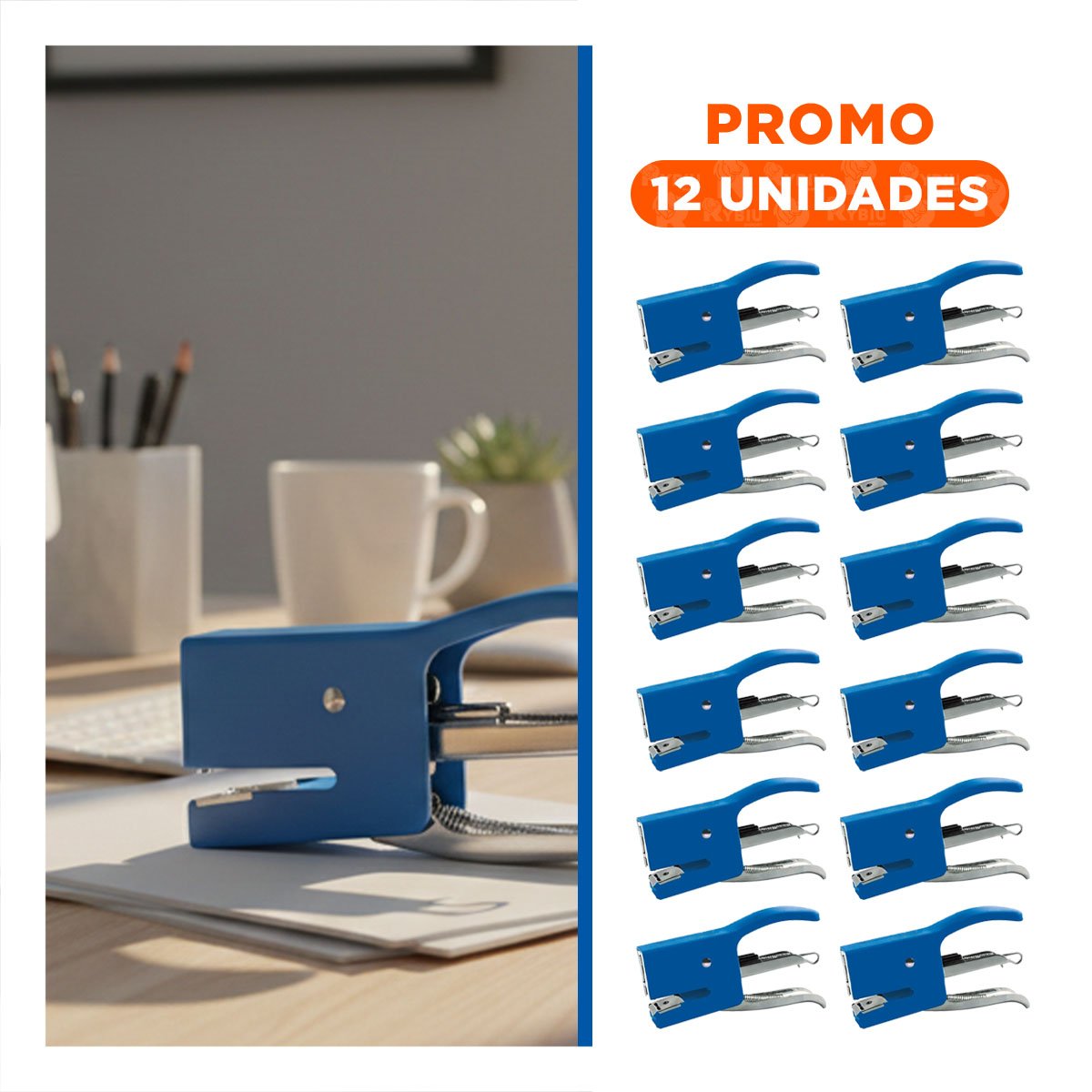 PACK12 MANUAL MINI TIPO ALICATE AZUL PARA 15 HOJAS OFICINA Y+REGALO STICKER - 1