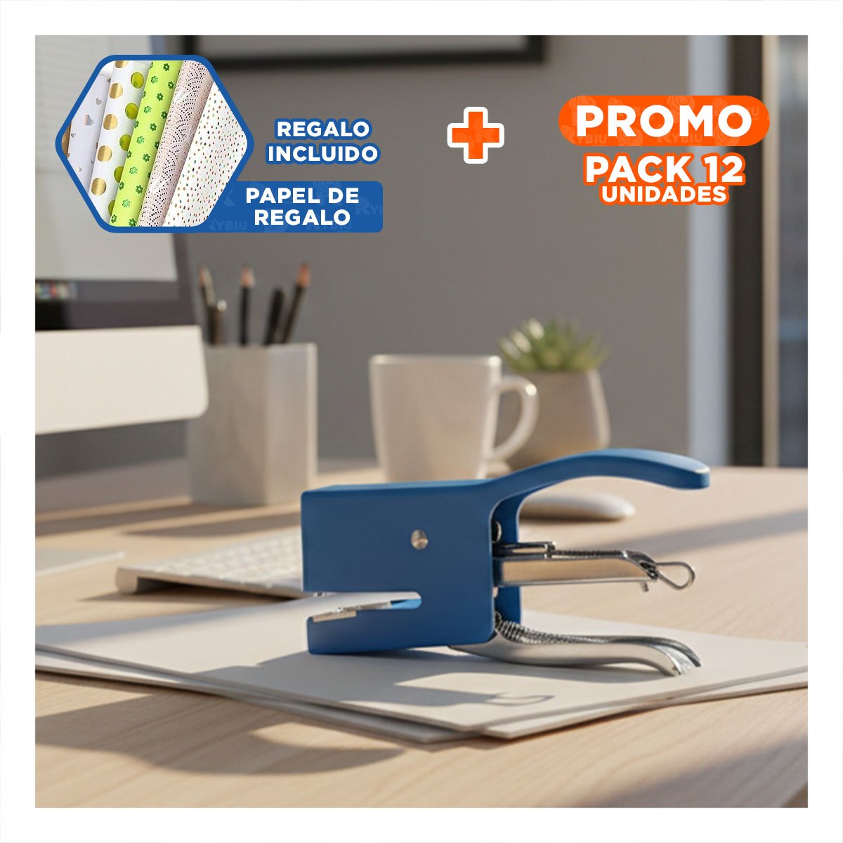 PACK12 ESCRITORIO MINI TIPO ALICATE AZUL PARA 15 HOJAS TRABAJO Y+PAPEL REGALO - 1