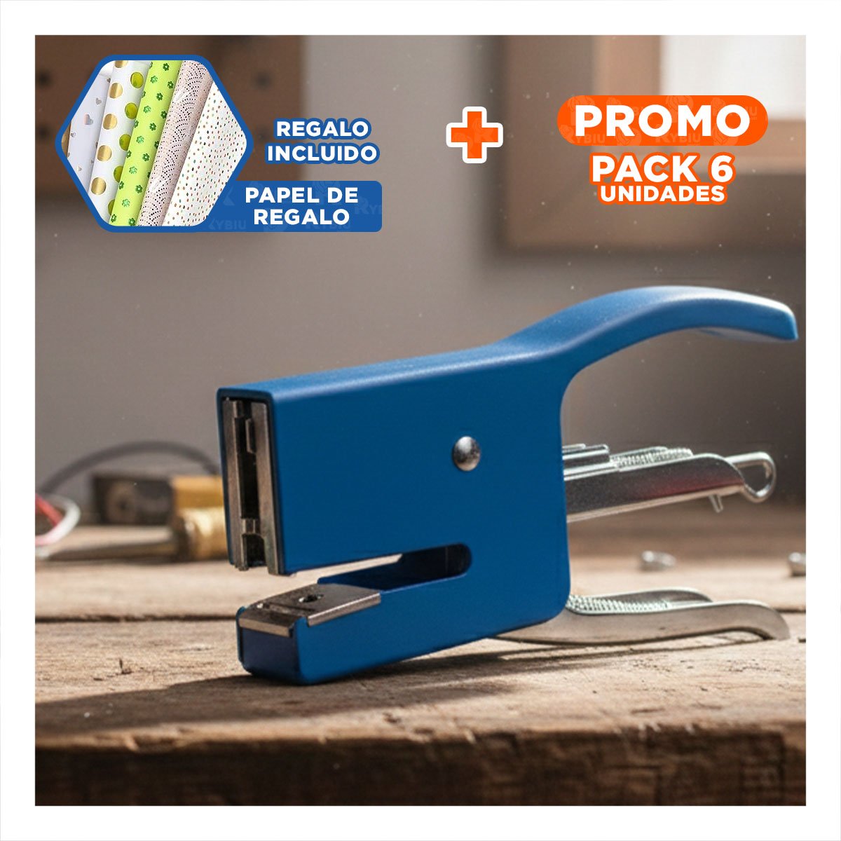 PACK6 OFICINA MINI TIPO ALICATE AZUL PARA 15 HOJAS USO DIARIO Y+PAPEL REGALO - 1