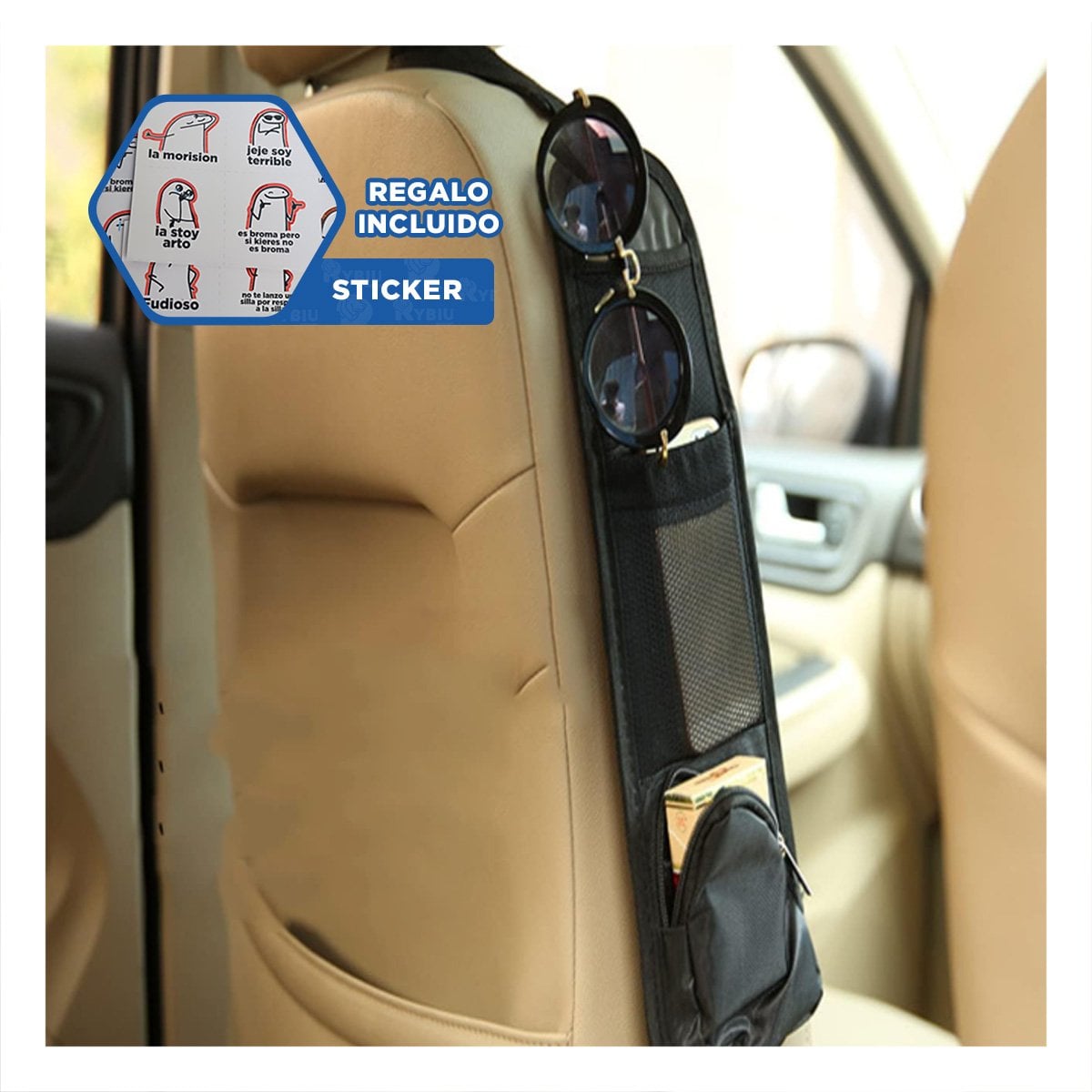 ACCESORIO PRACTICO PARA ASIENTO DE AUTO NEGRO CON ESPACIOS AMPLIOS Y+REGALO STICKER - 1