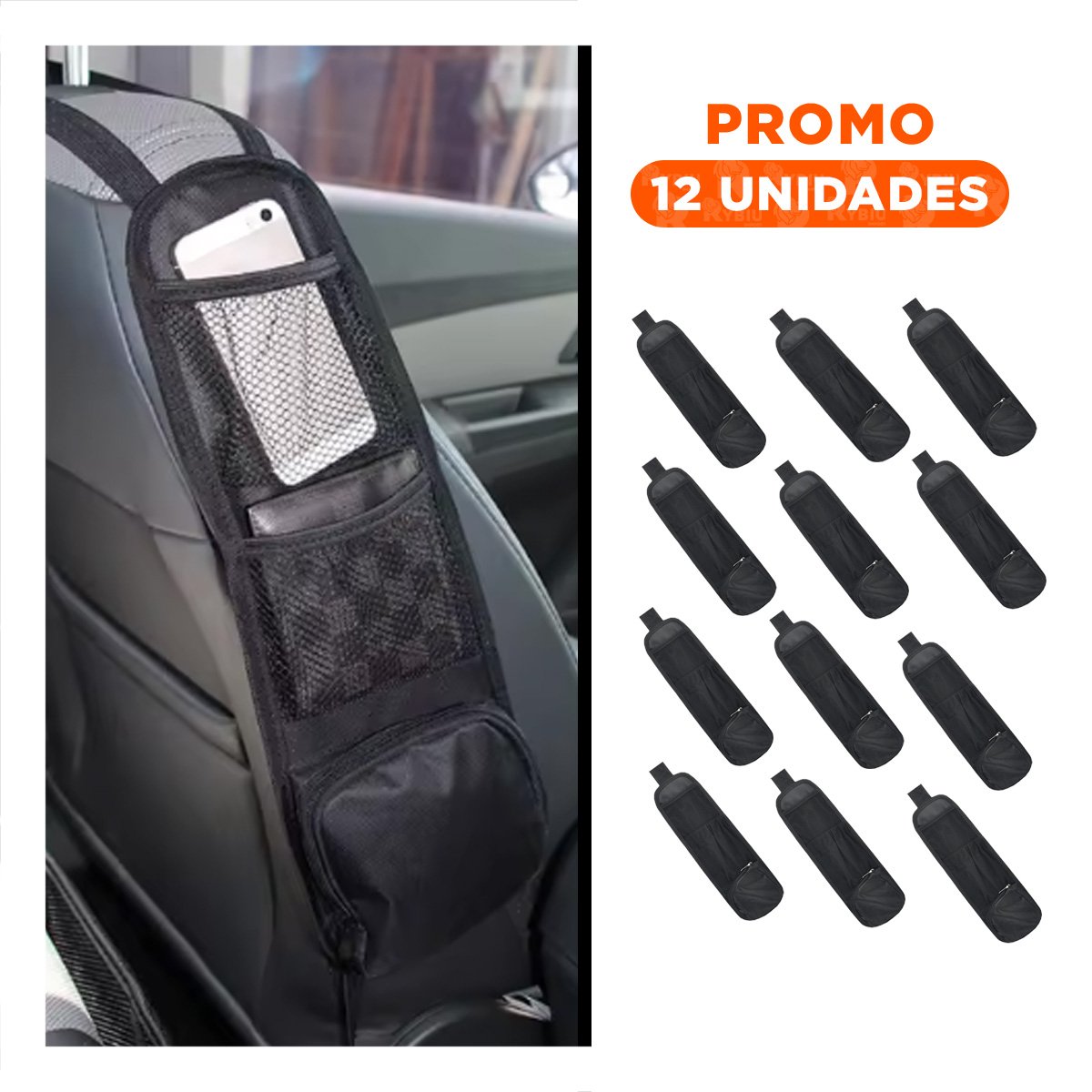 PACK12 COMPLEMENTO ORGANIZADOR DE ASIENTO DE AUTO NEGRO CON ESPACIOS AMPLIOS Y+REGALO STICKER - 1