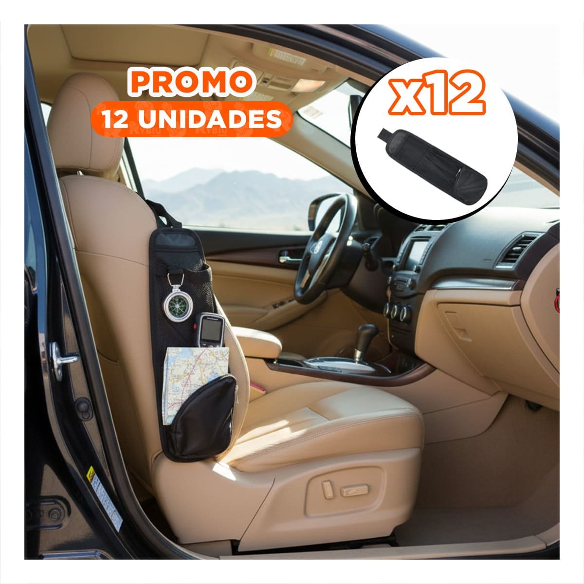 PACK12 FUNDA ORGANIZADORA PARA ASIENTO DE AUTO NEGRO CON AJUSTE SEGURO - 1
